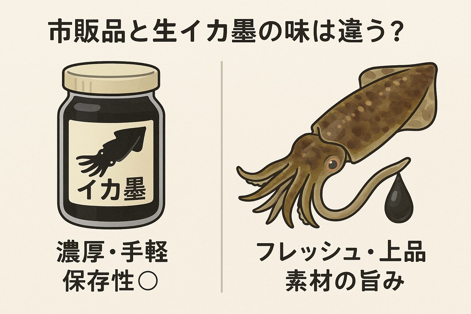 アオリイカを釣ったなら、墨も取っておきましょう。市販のイカ墨ペースト:濃厚で手軽、保存性も高い。生のアオリイカ墨:フレッシュで上品、家庭でも本格的な味わい。釣太郎