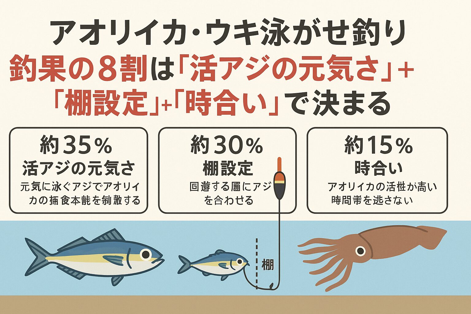 活アジの元気さ…アオリイカの捕食本能を最大限に引き出す。棚設定…回遊する層にアジを合わせる。時合い…アオリイカの活性が高い時間を逃さない。この3つを意識するだけで、ウキ泳がせ釣りの釣果は劇的に変わります。釣太郎