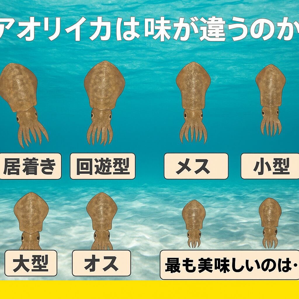 アオリイカ、居着き型 vs 回遊型 → 刺身は回遊型、加熱料理は居着き型。メス vs オス → メスは柔らかい、オスは濃厚。釣太郎