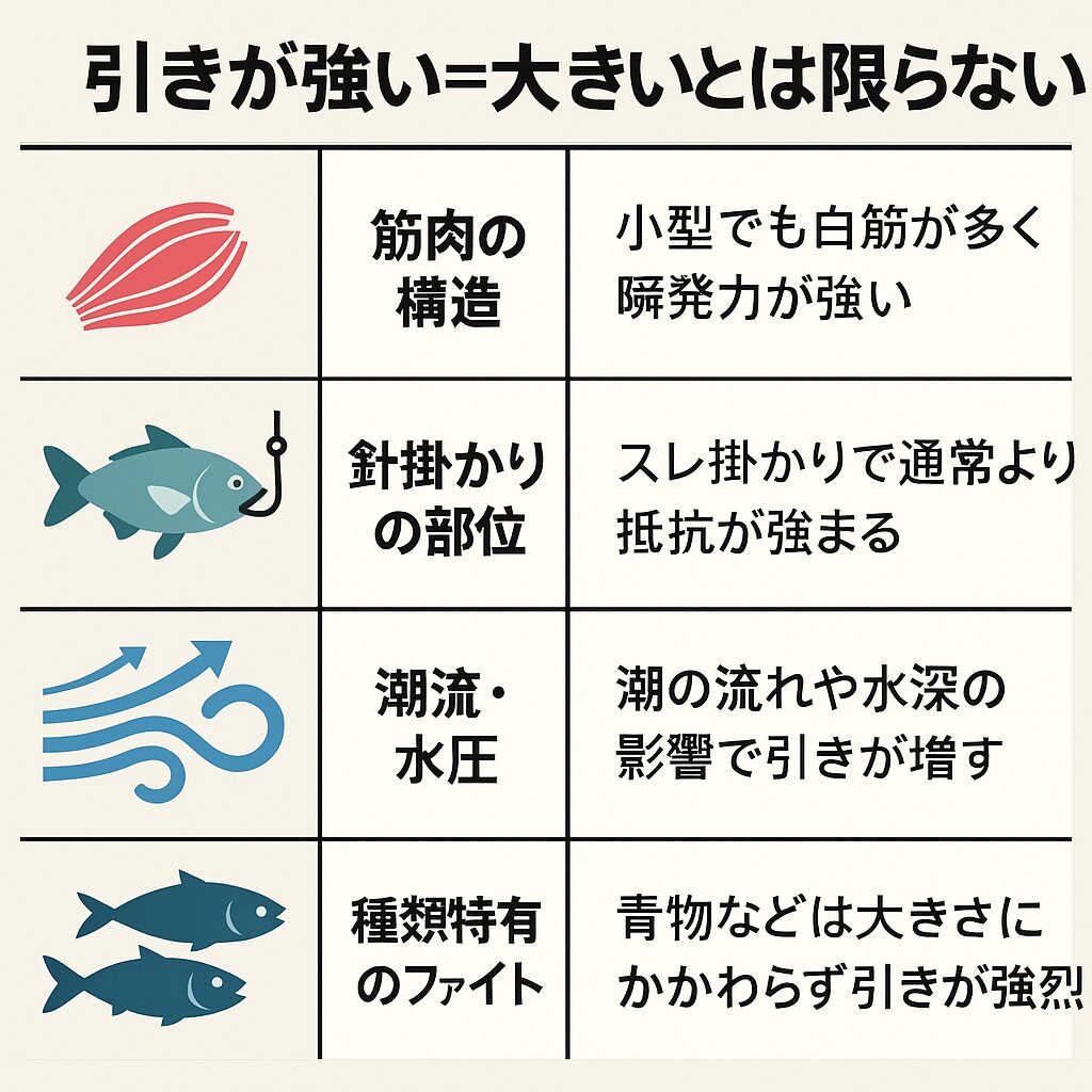 魚の引きの強さは「大きさ」だけでなく、筋肉構造・針掛かり位置・潮流・魚種特性といった複数の要因で決まります。釣太郎