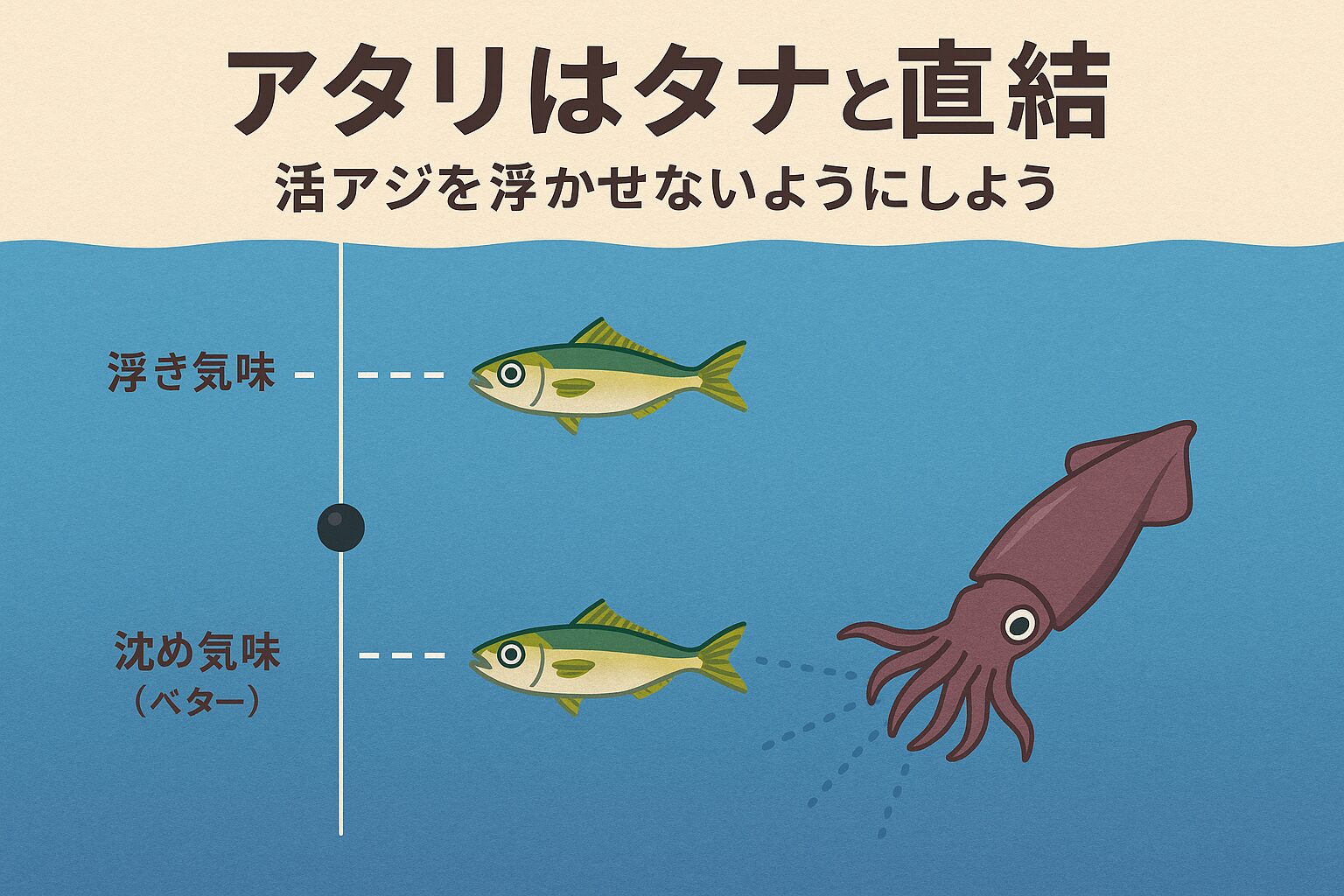 タナを制する者がヤエン釣りを制す アオリイカのヤエン釣りでアタリを増やすためには、タナ調整が最重要ポイントです。 ・活アジを浮かせないことが基本 ・タナが50cmズレるだけでアタリは半減 ・アタリがなければアジを沈めて調整するのがベスト。釣太郎