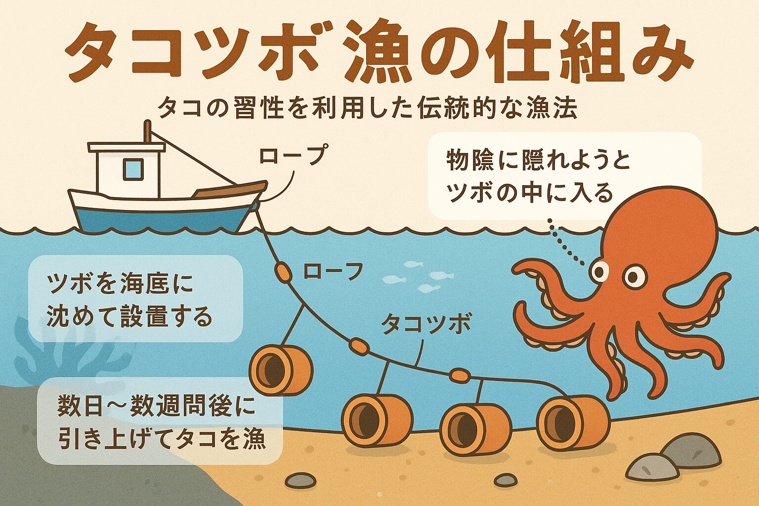 タコツボ漁は、タコの習性を知り尽くした漁師の知恵が詰まった、シンプルかつ持続可能な漁法。釣太郎