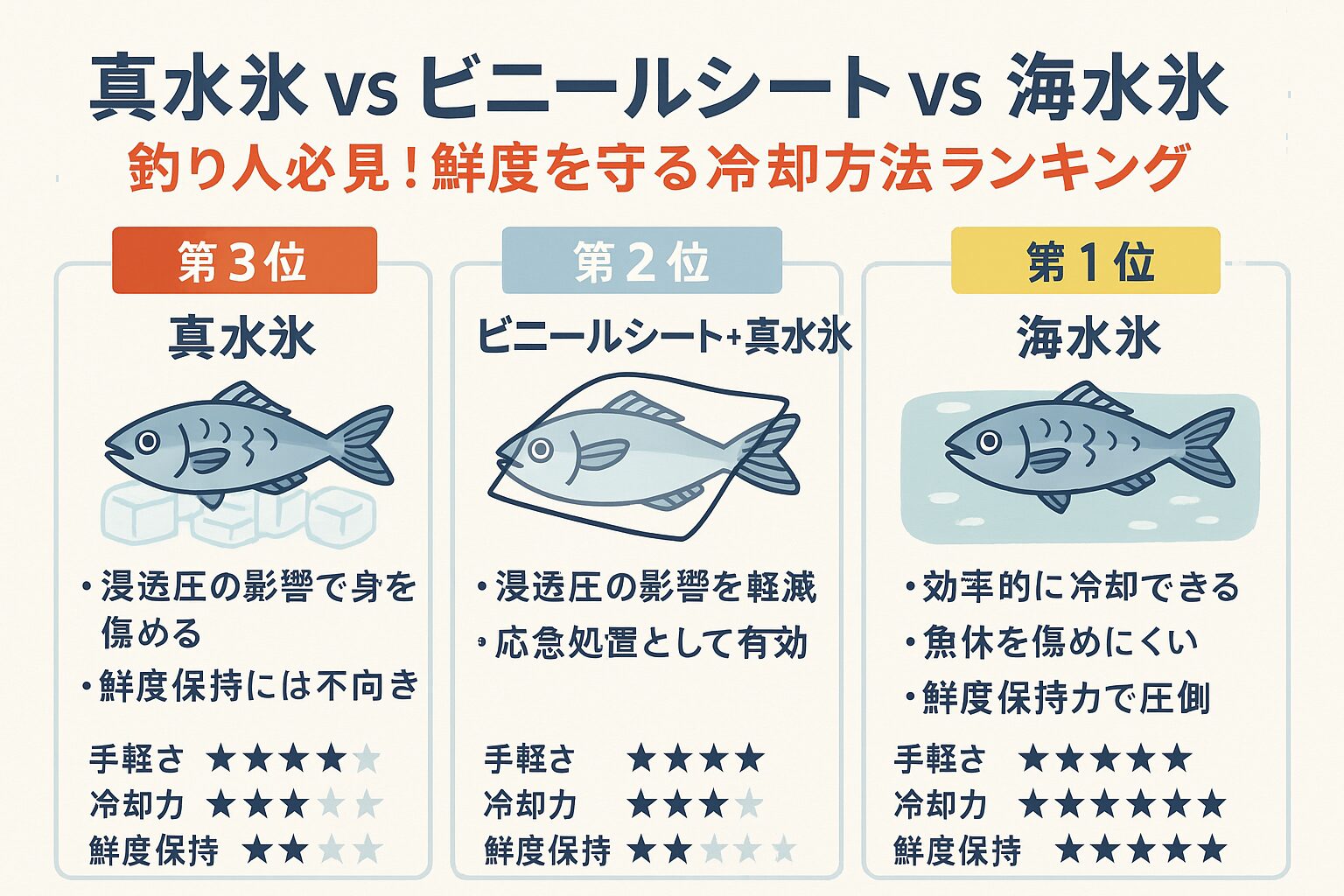 冷却方法は釣果を料理以上に左右する大事な要素です。真水氷は簡単ですが身を傷めやすく、ビニールシートは応急処置止まり。最も効果的なのは 海水氷。釣太郎