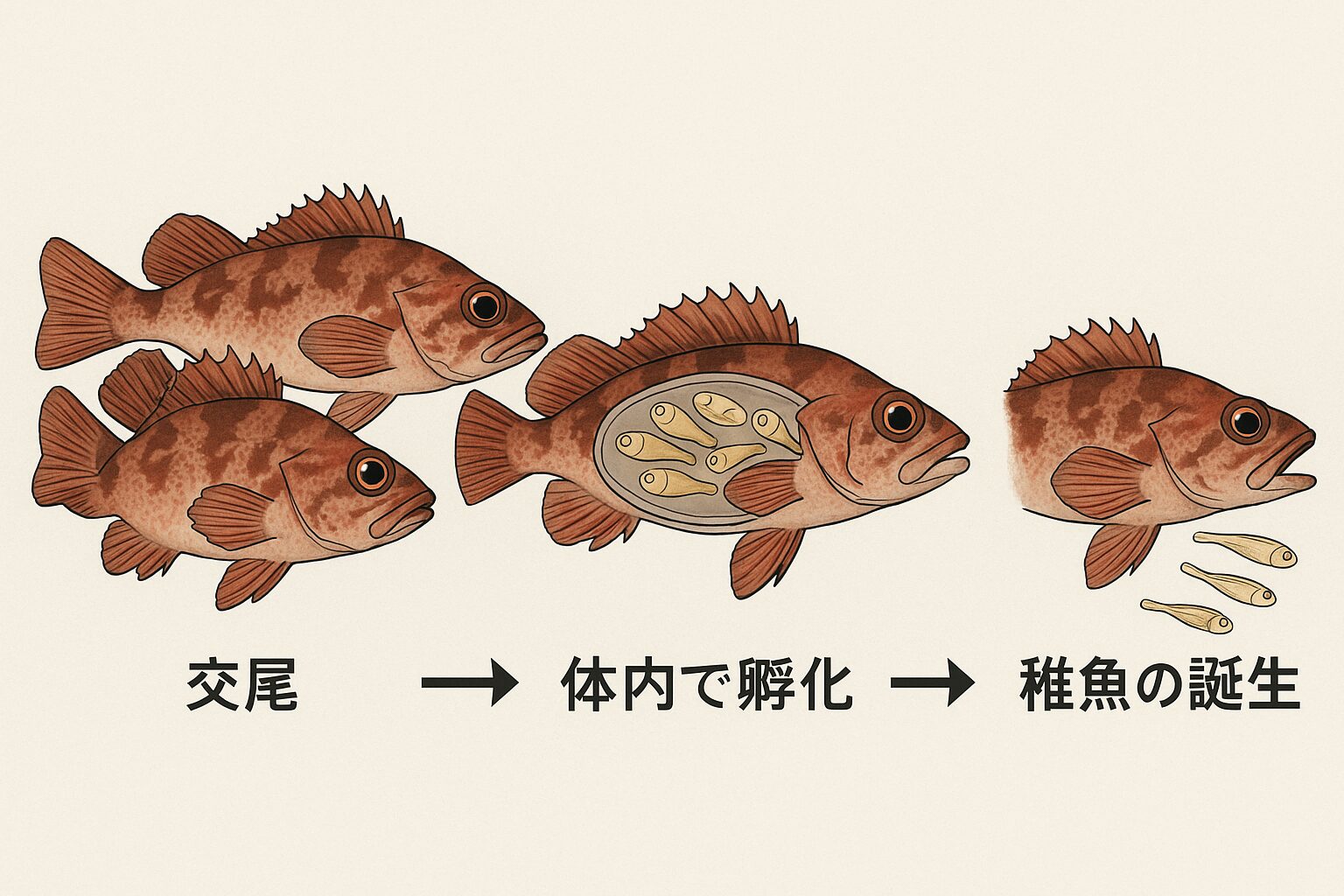 カサゴは卵胎生という珍しい繁殖方法を持ち、・体内で卵をふ化させる・泳げる稚魚を産む ・生存率が高いという特徴があります。釣太郎