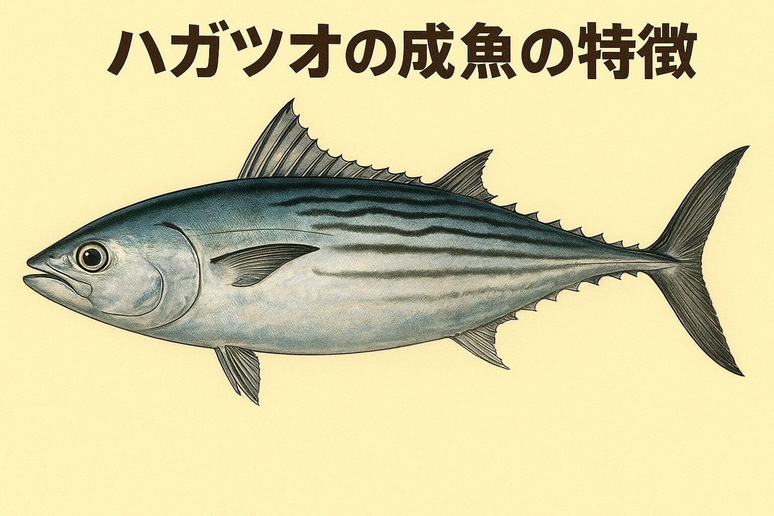 ハガツオはカツオに似ていますが、歯の鋭さ・模様・食味・扱い方に大きな違いがあります。ハガツオ → 横縞模様、鋭い歯、鮮度落ちが早い。カツオ → 縦縞模様、歯が弱い、刺身やタタキで人気。釣太郎