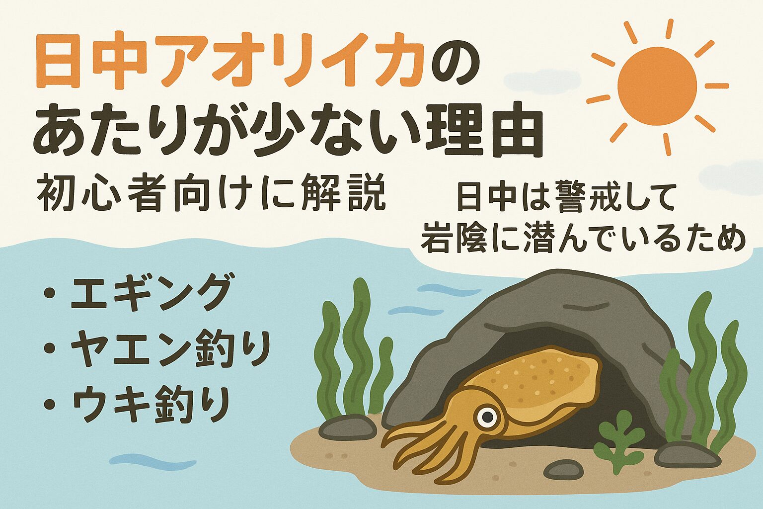 アオリイカは日中になると 深場・影へ潜り、警戒心が強くなるためアタリが減る。釣太郎