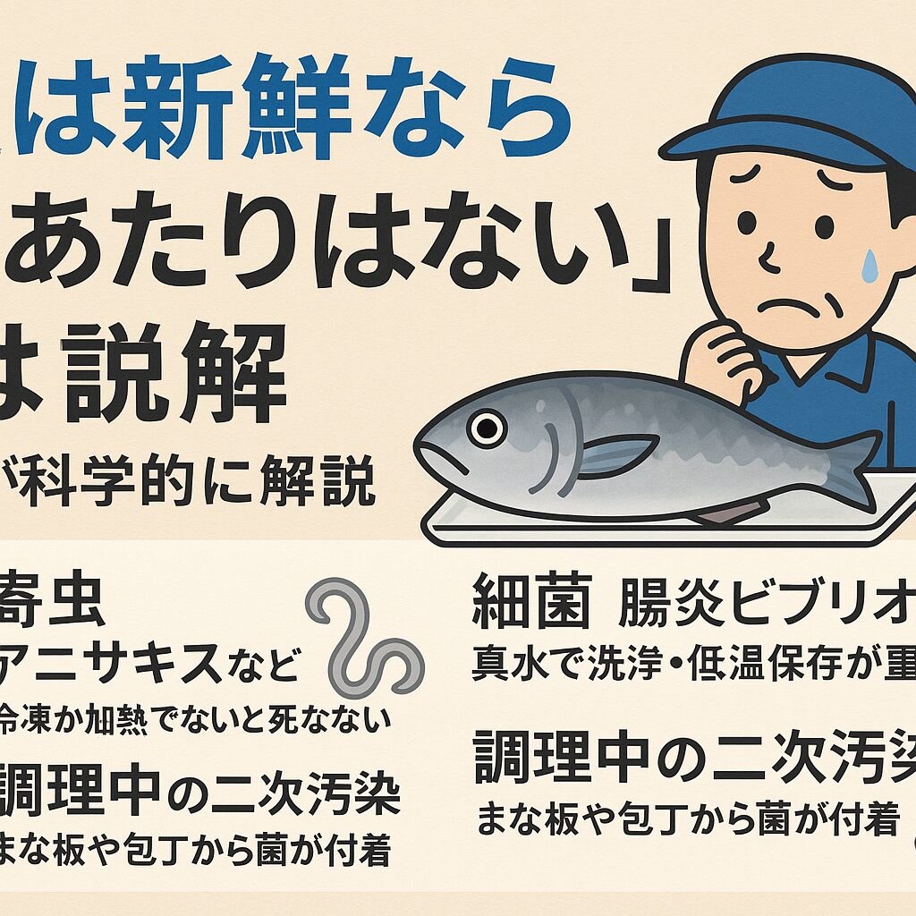 「新鮮だから大丈夫」というのは、科学的には成立しません。
寄生虫や特定の細菌は鮮度に関係なく存在し、条件が揃えば釣りたてでも食中毒を引き起こします。釣太郎