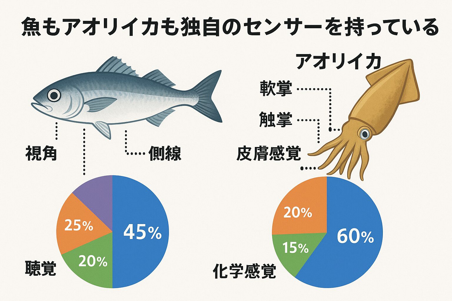 AIの数値化によると、 ・魚は 視覚45%依存 のバランス型捕食者 ・アオリイカは 視覚60%依存 の視力偏重型捕食者。釣太郎