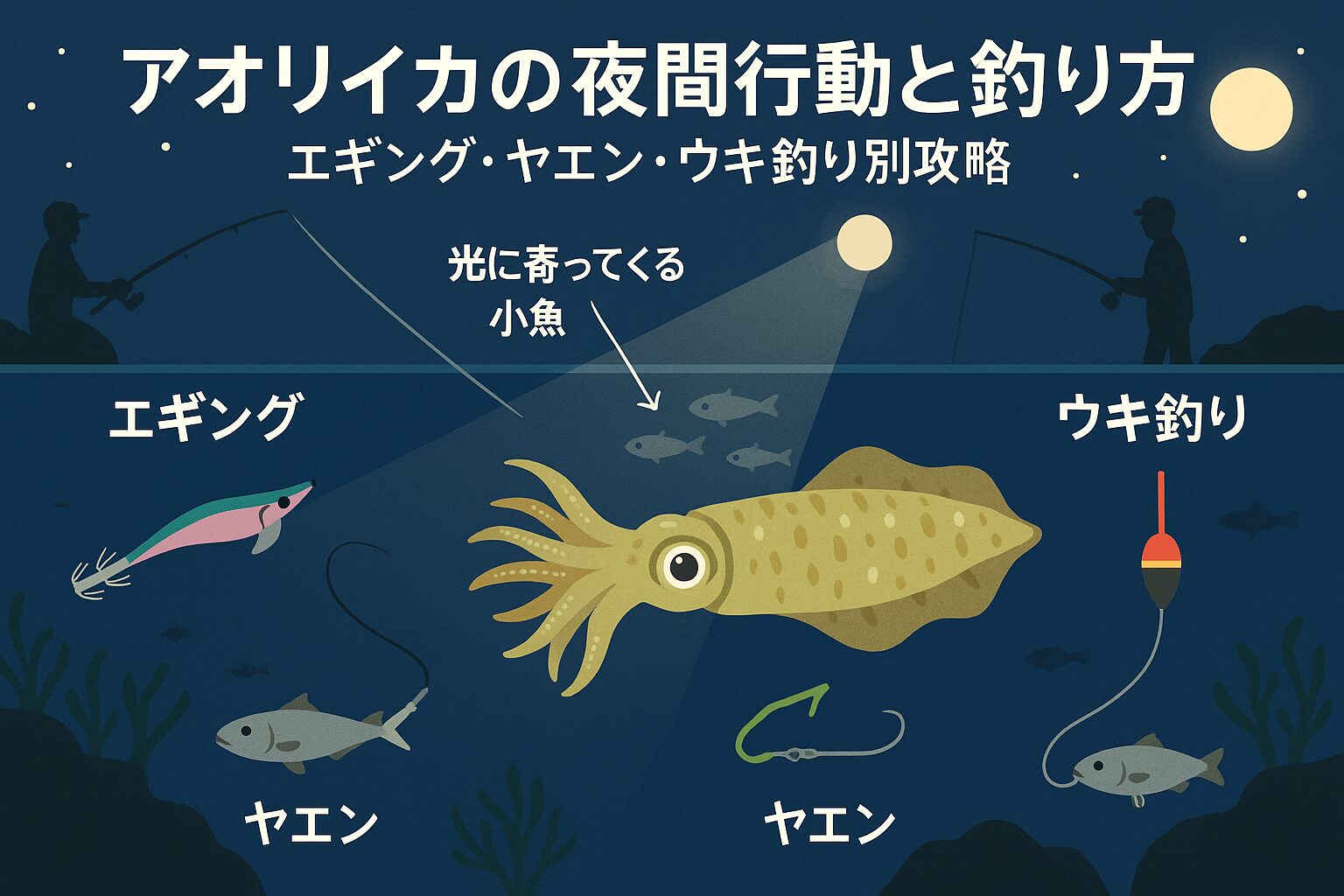 アオリイカは夜間に浮上しやすいが、月明かりや潮の動きに左右される。新月は表層での捕食が増え、満月は深場に潜む傾向が強い。釣太郎