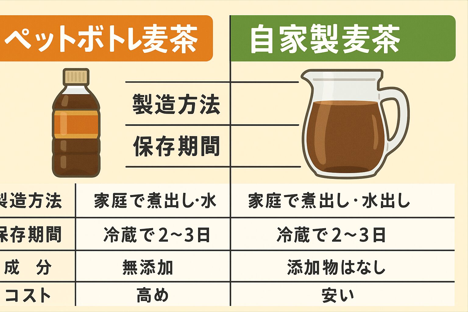 健康的に飲むためのポイント。ペットボトル麦茶は高温の場所に置かない(特に車内放置は避ける)。釣太郎