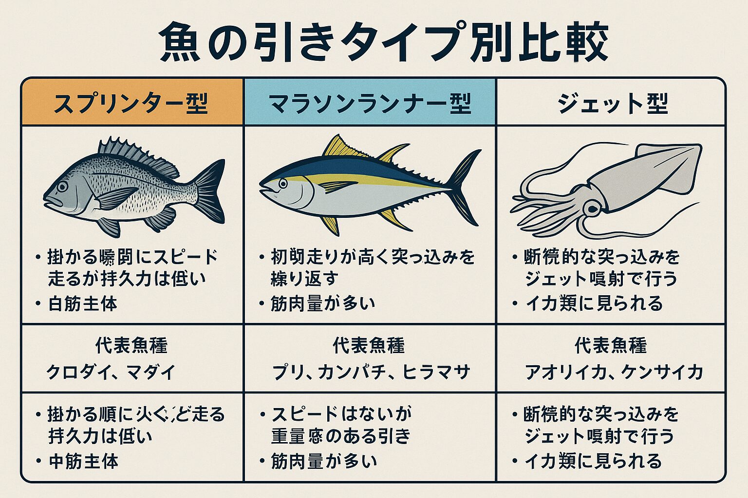 魚の引きは筋肉構成 × 行動戦略 × 神経反射の組み合わせで決まります。釣太郎