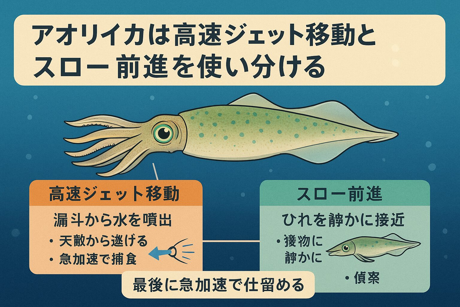 アオリイカはスロー前進で静かに接近し、高速ジェットで仕留めるという二段構えの戦法を持っている。釣太郎