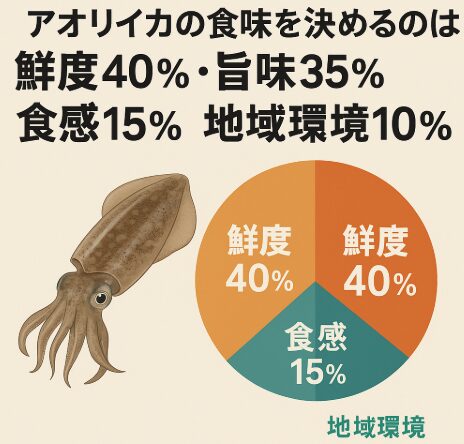 アオリイカの食味を決める割合は鮮度40％・旨味35％・食感15％・地域環境10％。釣太郎