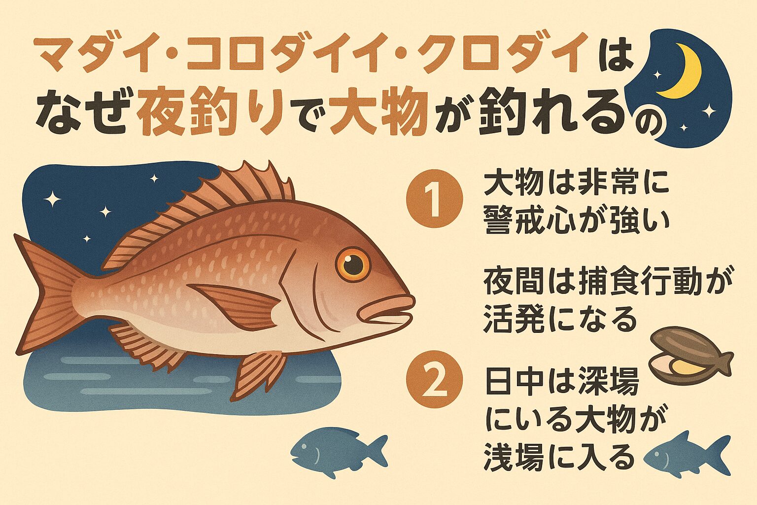 マダイ・コロダイ・黒鯛など鯛科の魚が夜釣りで大物として釣れる理由は、夜間は警戒心が薄れる 。捕食行動が活発になる 。深場の大物が浅場へ回遊する。潮の動きと静けさが好条件を作る。という複合要因によるものです。釣太郎
