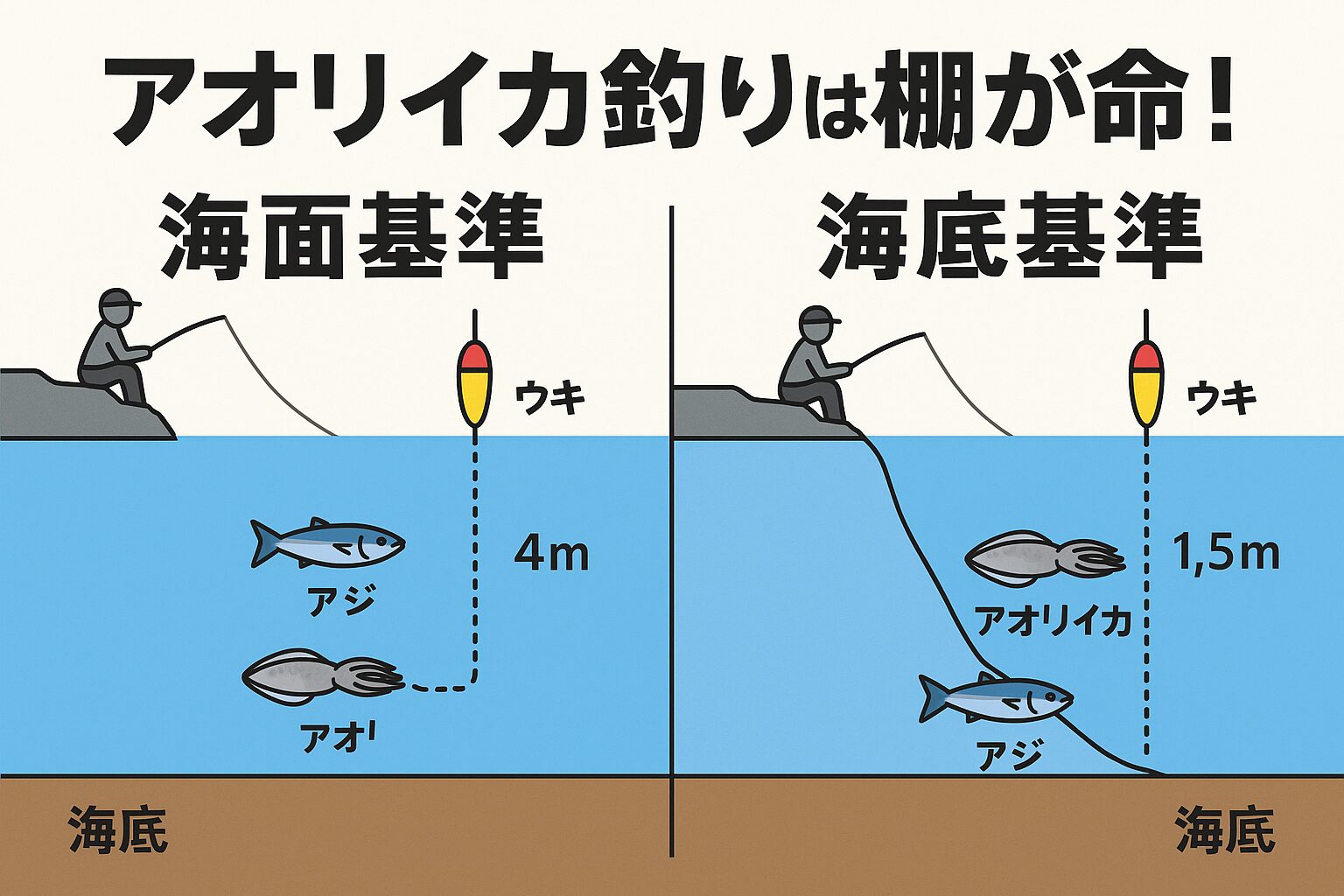 アオリイカ釣り、棚は海底基準で取るのが圧倒的に有効。日中は底から1〜2m、夜間はやや浮かせるのがベスト 。海面基準は潮位変化や底形状の影響を受けやすく、安定した釣果を出しにくい。棚取りを「海底基準」で組み立てるだけで、アタリ率は最大1.8倍に向上する可能性があります。釣太郎