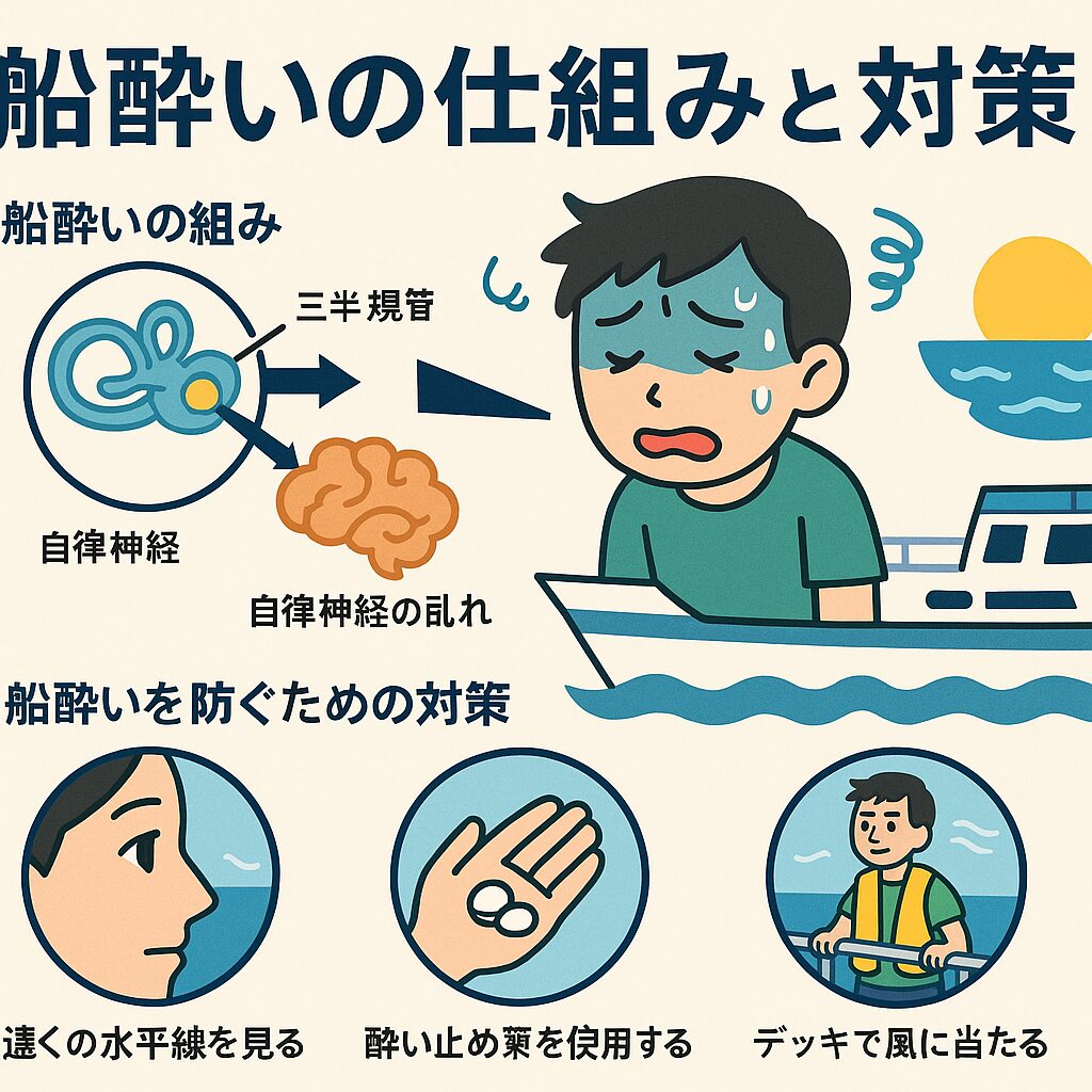 船酔いは「三半規管と視覚情報のズレ」によって脳が混乱し、自律神経が乱れることで起こります。釣太郎