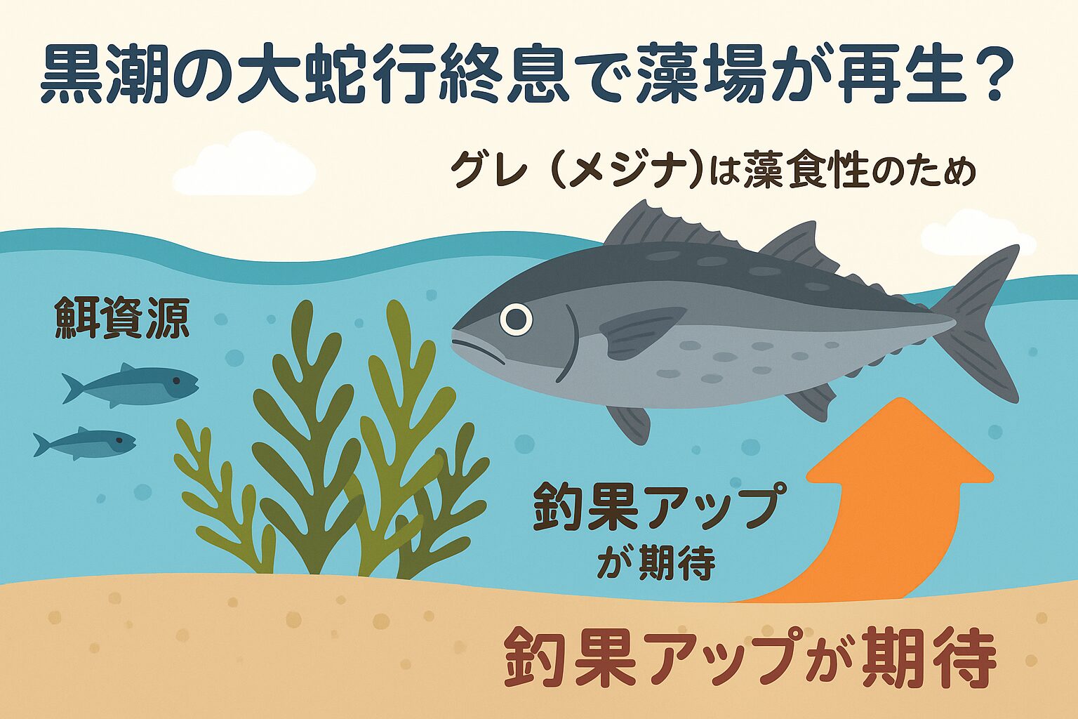 黒潮の大蛇行終息により藻場が再生し、グレ(メジナ)は藻食性のため、餌資源の回復が直接釣果アップにつながる。釣果は 20%増加 の可能性。釣太郎