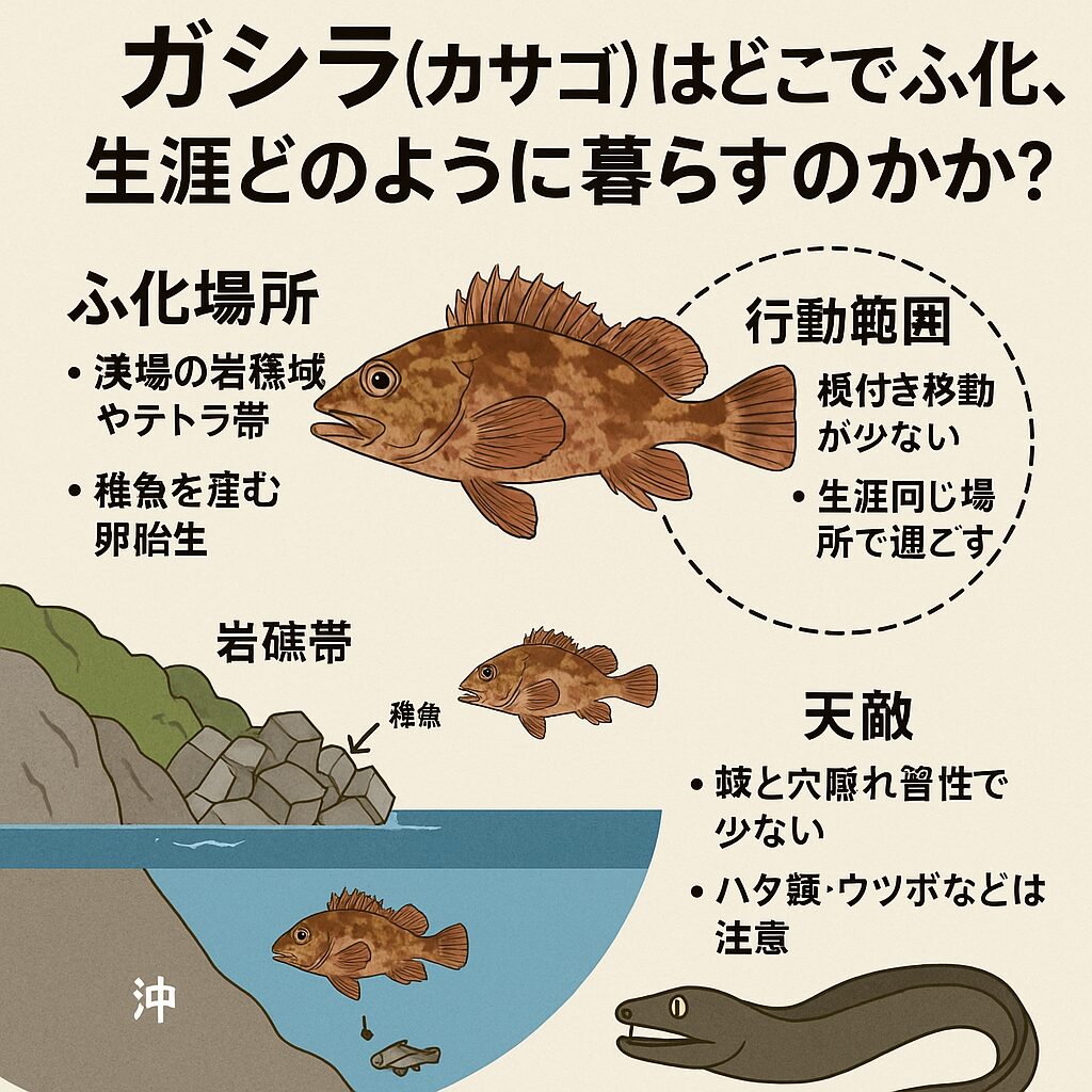 ガシラ(カサゴ)は卵胎生で、岩礁帯やテトラ周辺で稚魚を産み落とし、その後も一生をほぼ同じ場所で過ごす根付き魚です。釣太郎