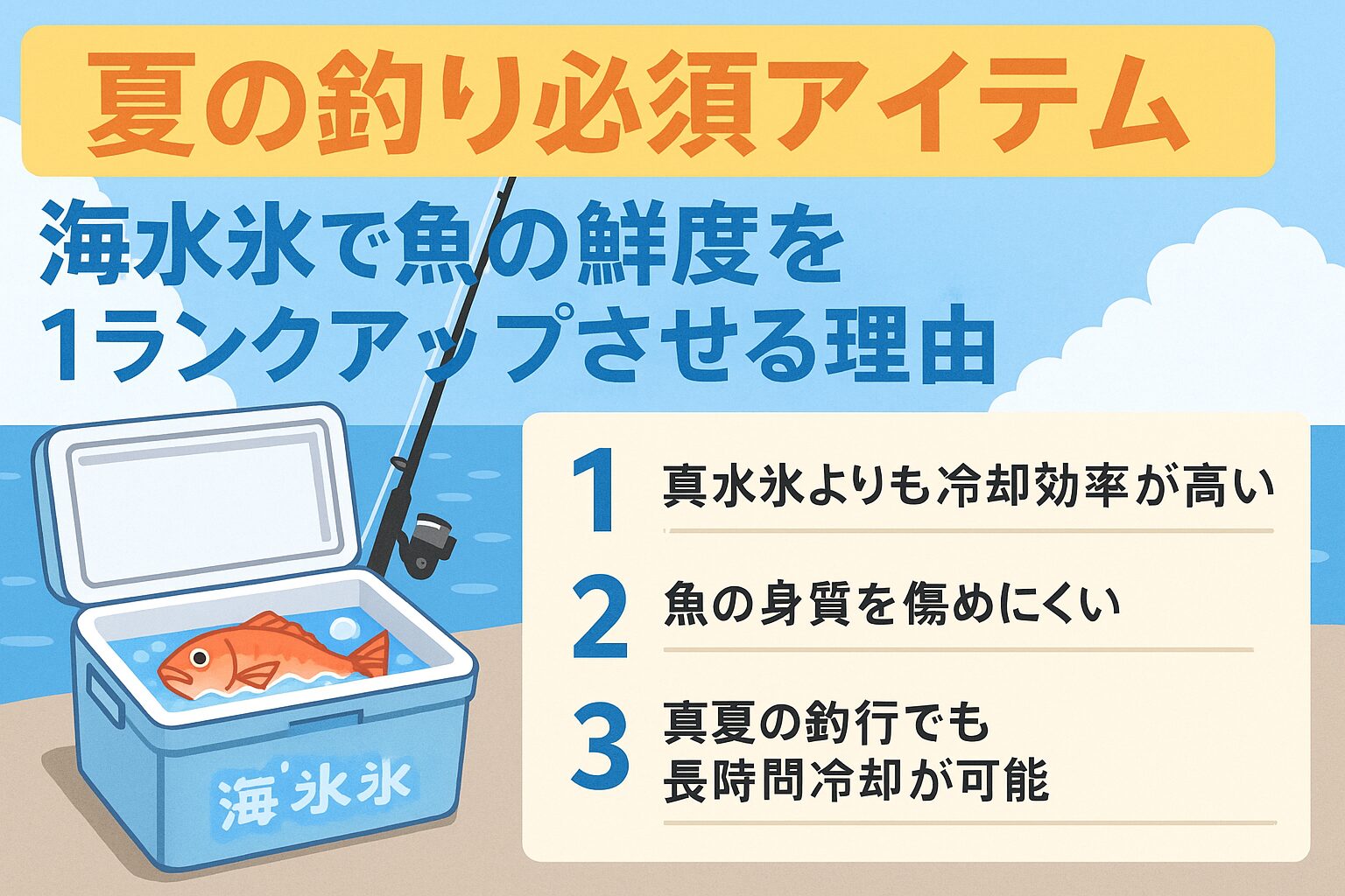 夏の釣りでは、「釣果」よりも「鮮度管理」こそが美味しさを決めるカギです。
真水氷ではなく海水氷を選ぶだけで、
・冷却スピード
・身質の維持
・長時間の鮮度保持
この3つが格段に向上します。釣太郎