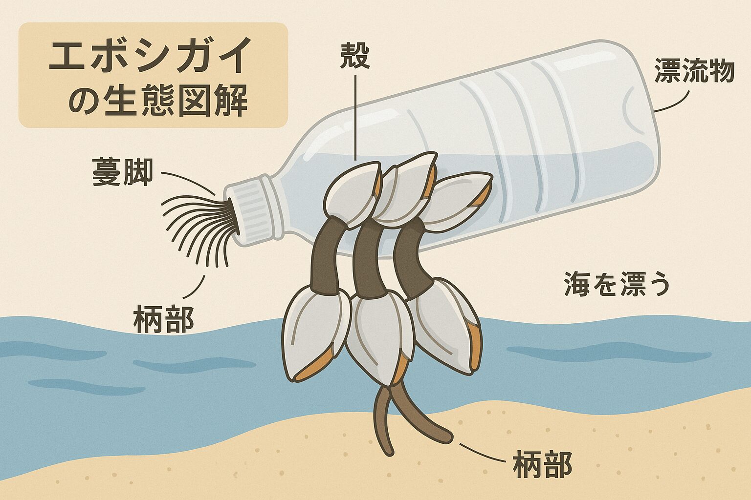 エボシガイは自分で泳ぎ回ることができません。 幼生のときは海中を漂いますが、成長すると固い殻を持ち、何かに付着して一生を過ごします。 漂着物としてよく見られるのは、・ペットボトル ・発泡スチロール ・漁具（ブイ、網） ・流木 ・船の破片 こうした人工物や自然物に付着し、海流に乗って世界中を旅します。釣太郎
