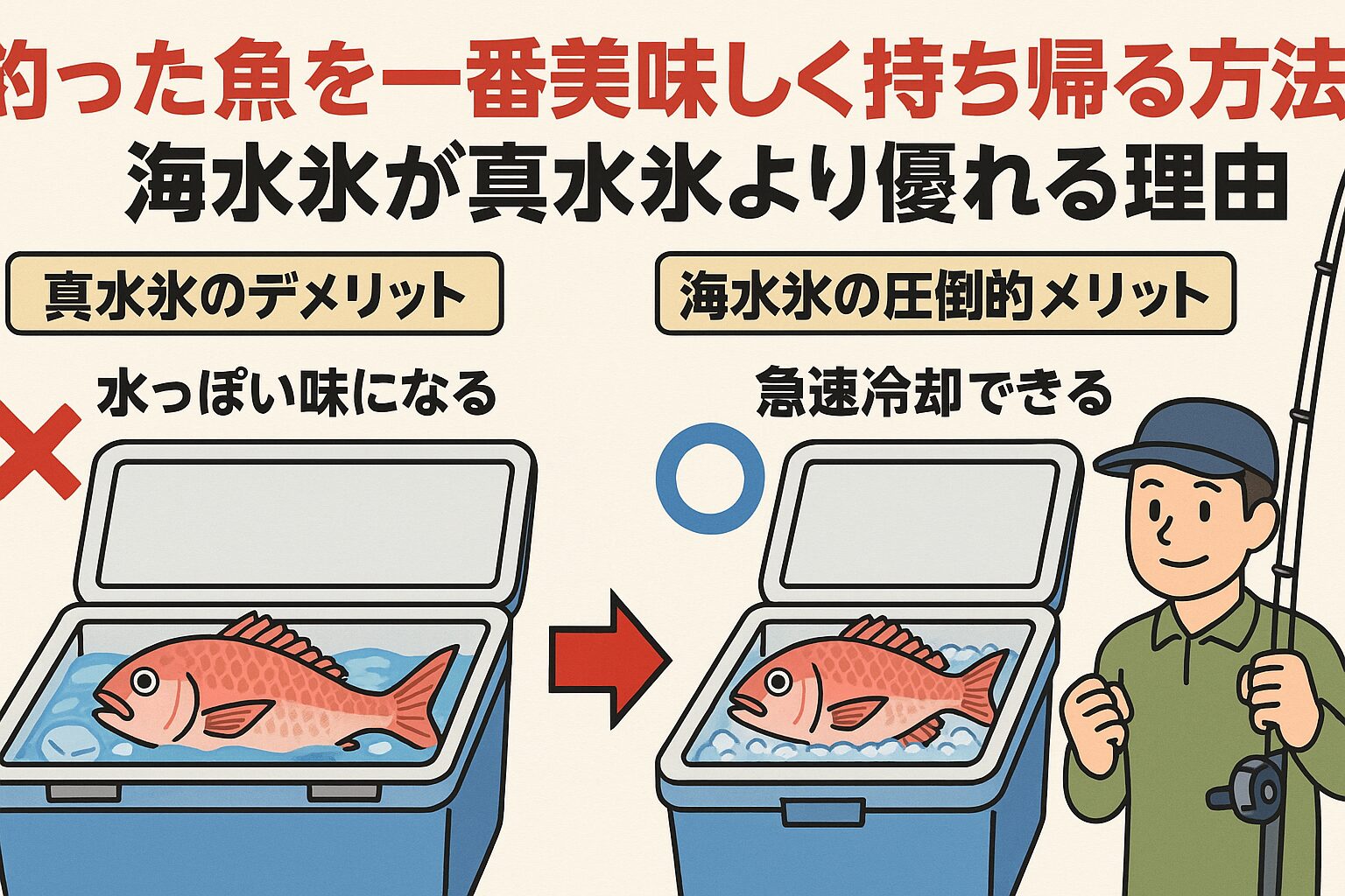 海水を凍らせて作った海水氷は、塩分によって浸透圧を保ち、素早く均一に冷却できるため、プロの漁師も愛用。釣太郎