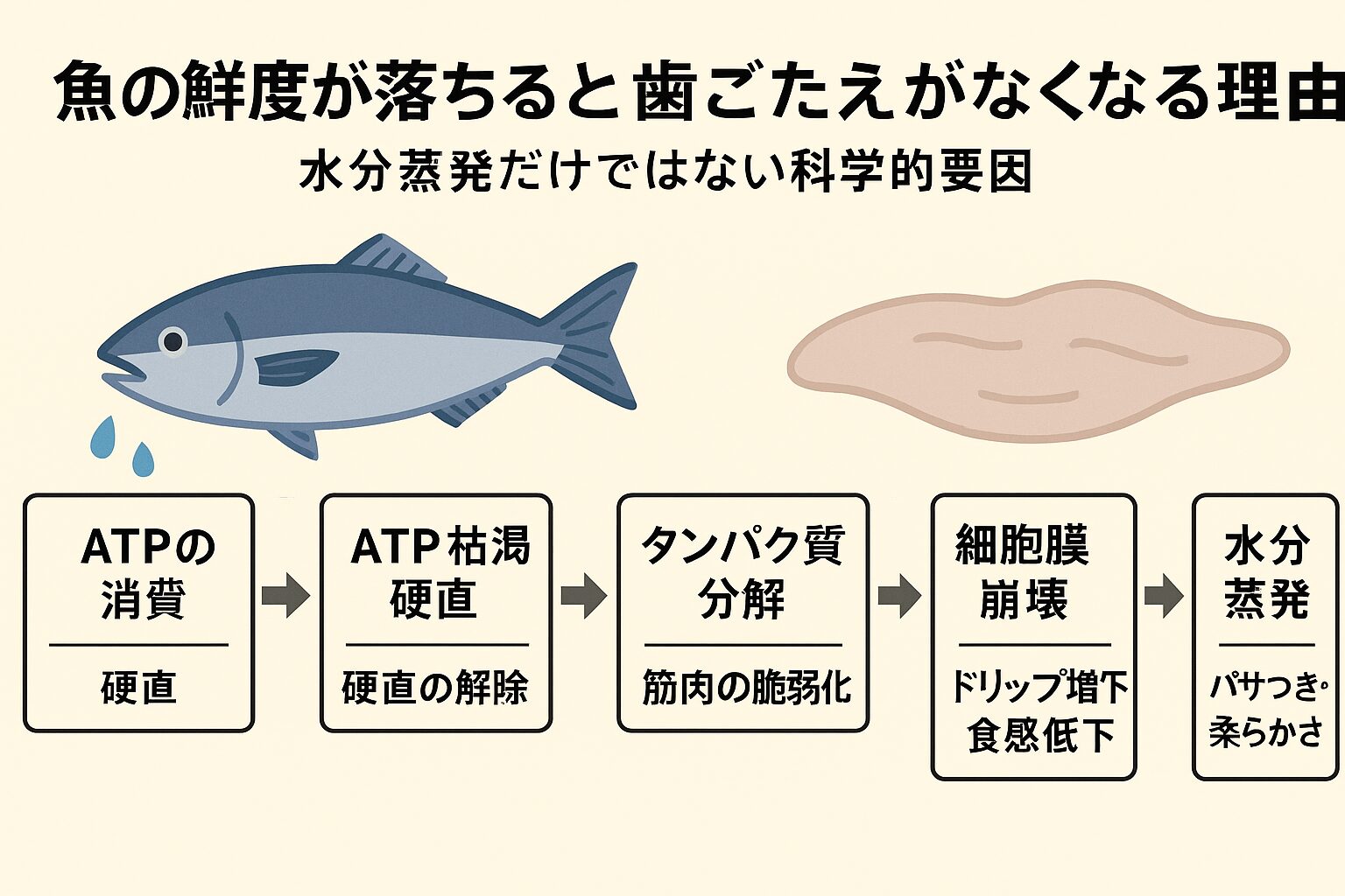 魚の身が柔らかくなるのは「水分蒸発」だけではなく、ATPの消費、タンパク質の分解、細胞膜の崩壊といった複数の科学的要因が同時進行する結果。釣太郎