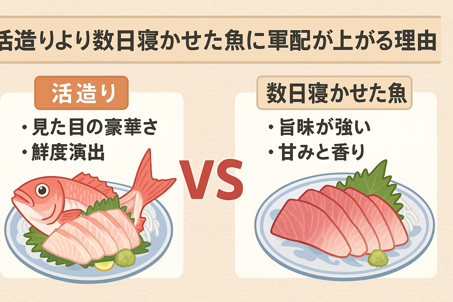 活造りは「見た目の豪華さ」「鮮度演出」で接待や会食に最適。 ・魚の旨味成分（イノシン酸）は、死後硬直を経てから最大化する。 ・本当に美味しい魚を食べるなら、プロが寝かせた刺身が最強。釣太郎