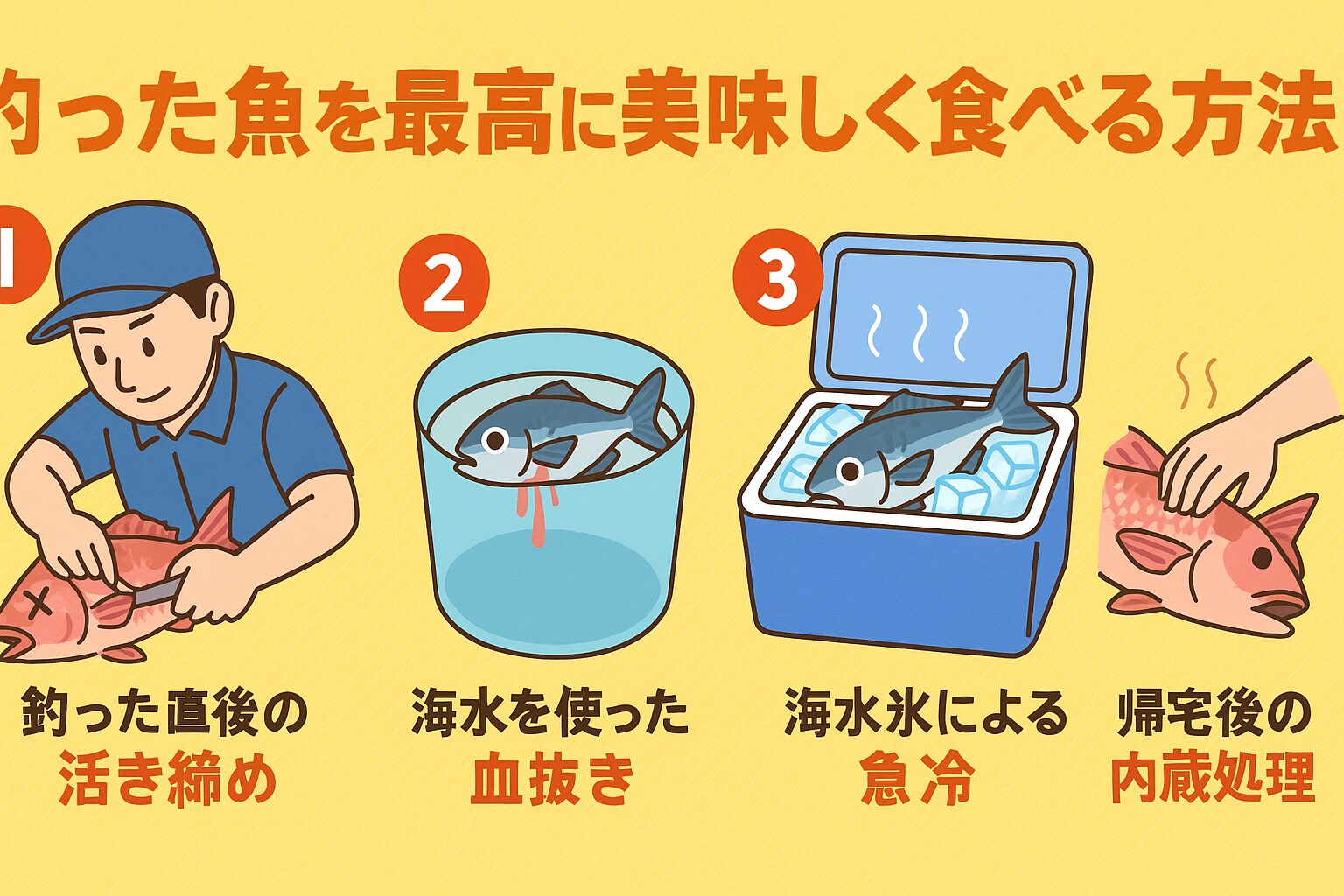 釣った魚を最高に美味しく食べるには、次の流れを守ることが重要です。釣った直後に活き締め。海水を使って血抜き。海水氷で急冷。帰宅後すぐに内臓処理。釣太郎