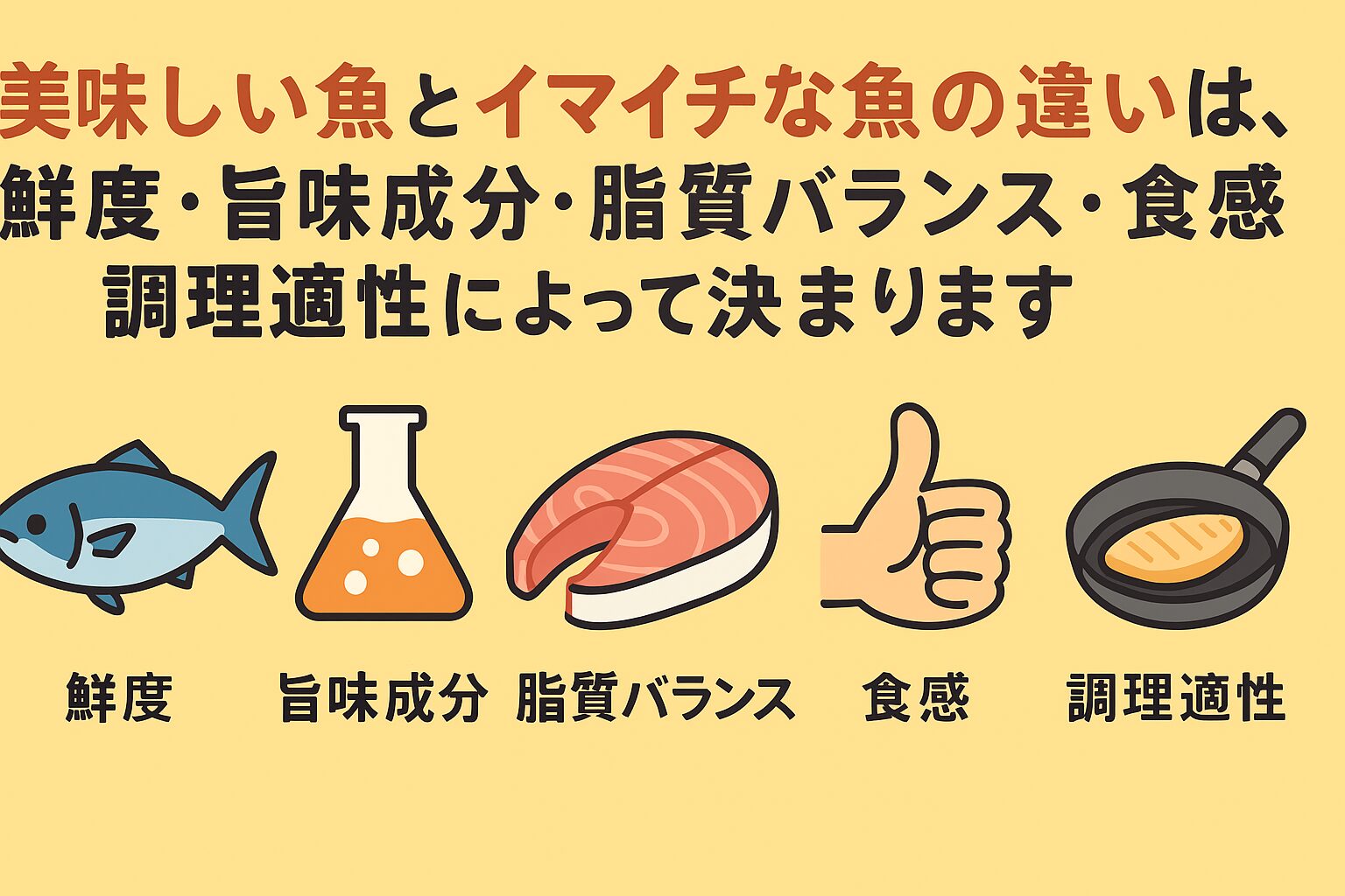美味しい魚を見極める5つの要素。鮮度を維持できているか。旨味成分が豊富でバランスが良いか。脂の量と質がちょうど良いか。食感がしっかりしているか。調理法との相性が合っているか。釣太郎