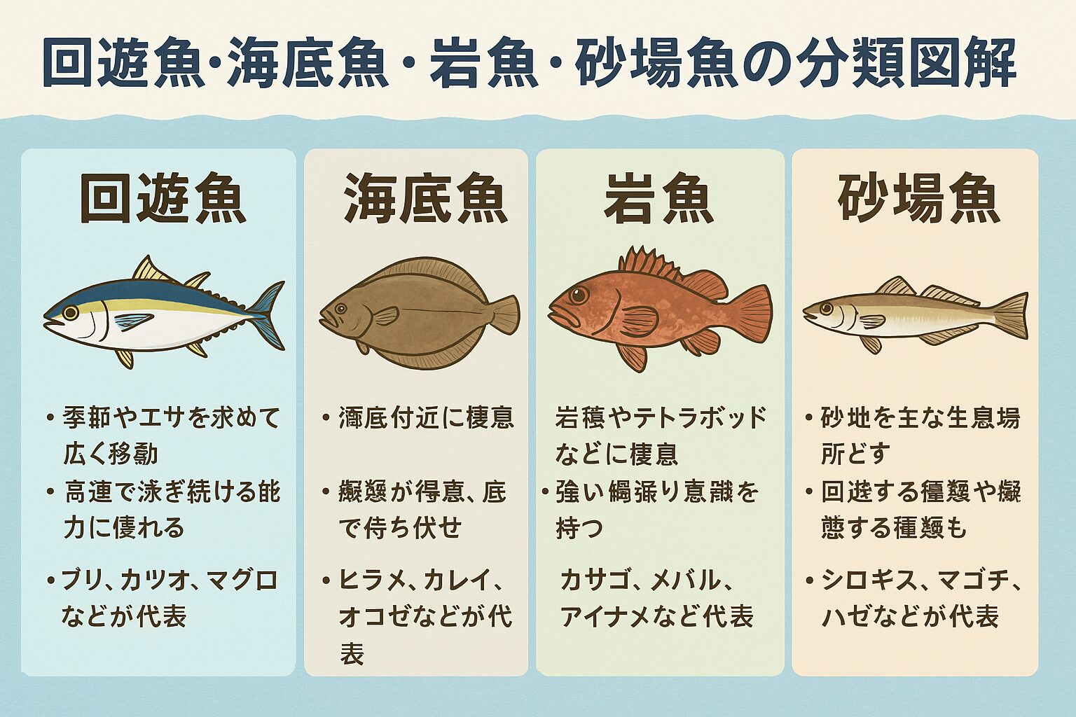 魚はそれぞれの生態や生息環境に適応した体型・行動パターンを持っています。
回遊魚はスピード、海底魚は擬態、岩魚は縄張り、砂場魚はカモフラージュが得意。釣太郎