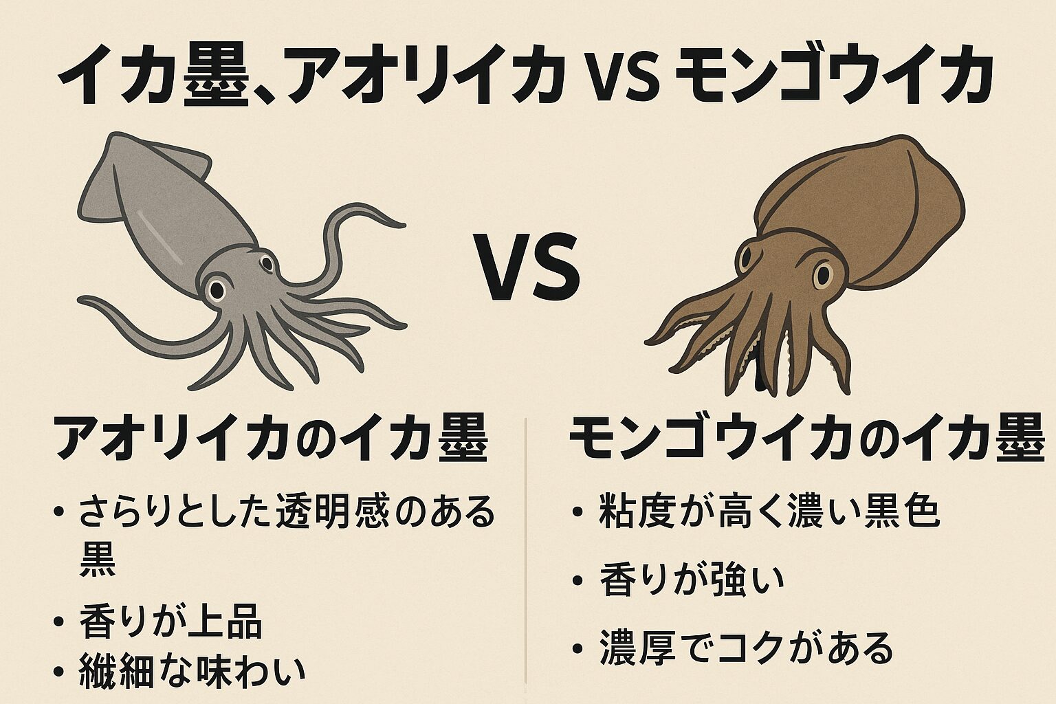 アオリイカの墨 → 上品で少量、和食や繊細な料理向き。モンゴウイカの墨 → 濃厚で大量、洋食や濃い味付けに最適。釣太郎