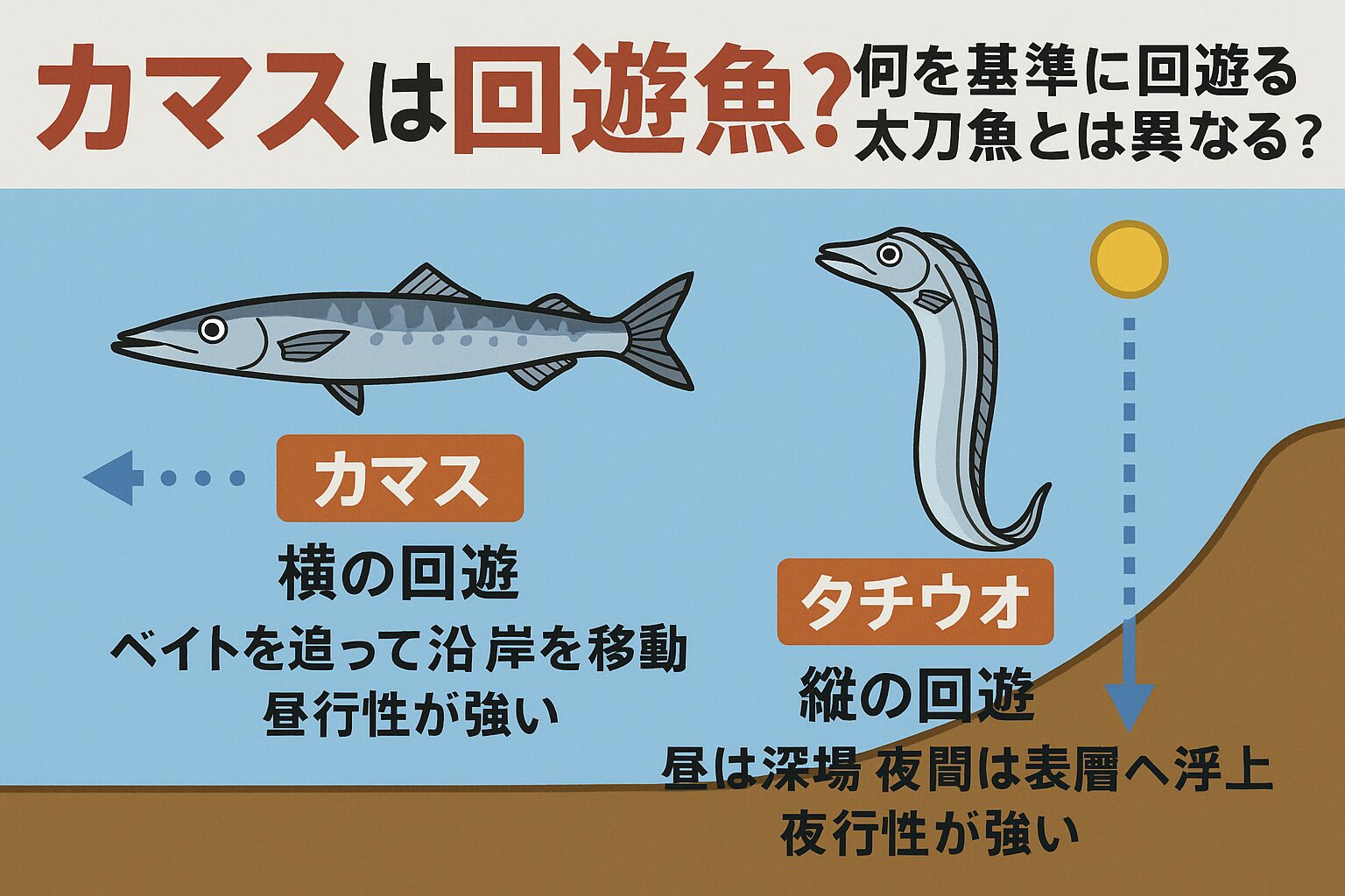 カマスは回遊魚か?という疑問に対しては、
✅ 大回遊魚ではなく 沿岸回遊魚✅ 回遊基準は エサ・水温・潮流✅ 横の回遊が主体。釣太郎