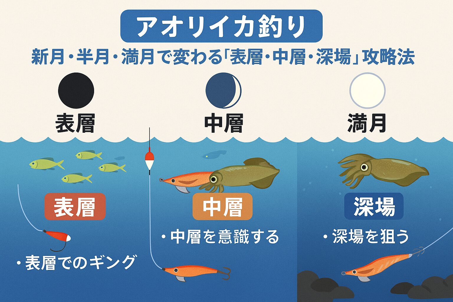 アオリイカは「光量」と「潮の動き」で捕食レンジを変化させます。新月 → 表層攻略でチャンス拡大・半月 → 中層を丁寧に探る・満月 → 深場ディープ戦略。釣太郎
