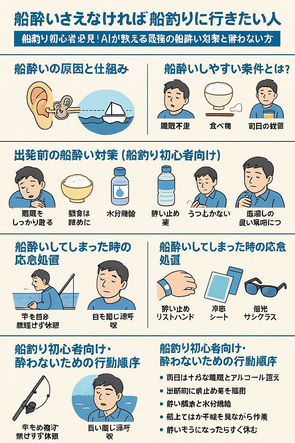 船釣り初心者向け・酔わないための行動順序 ① 前日は十分な睡眠とアルコール控え② 出航前に酔い止め薬を服用③ 軽い朝食と水分補給④ 船上では水平線を見ながら作業⑤ 酔いそうになったらすぐ休む。釣太郎