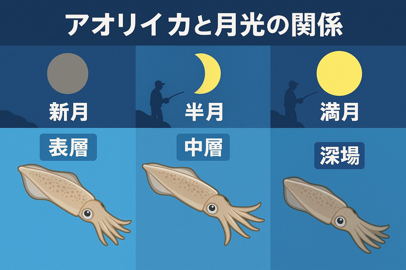 アオリイカ釣り、新月は表層、半月は中層、満月は深場。釣太郎