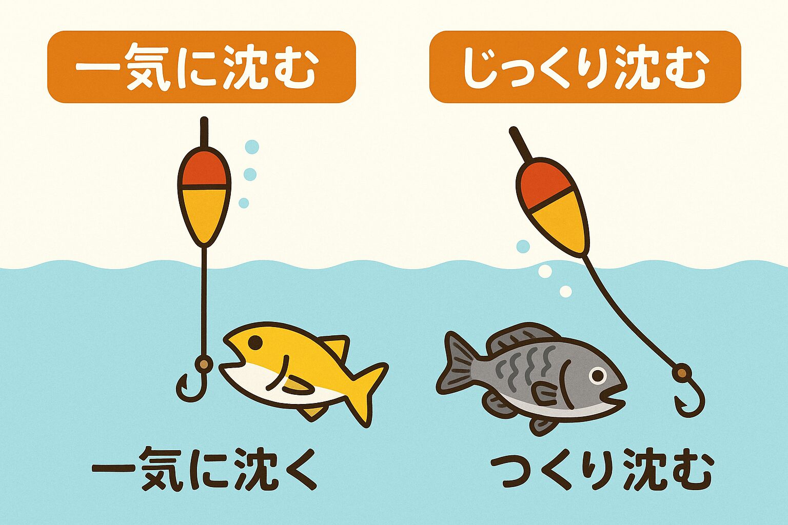 ウキの沈み方は、魚の種類や活性の「シグナル」。ストンと沈めば大型魚や高活性の群れ。ジワジワなら警戒心の強い魚や小型魚の可能性大。釣太郎