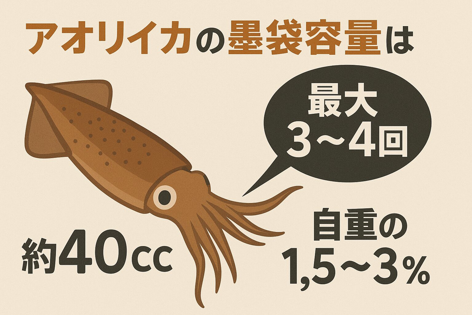 アオリイカの墨袋は自重の約1.5〜3%の容量を持ち、最大3〜4回吐けると考えられます。釣太郎