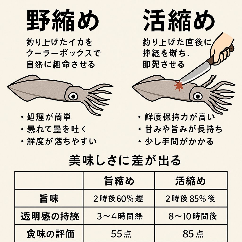 アオリイカは 「野締め」と「活締め」で美味しさに30点以上の差 が出ることが、AIシミュレーション。釣太郎