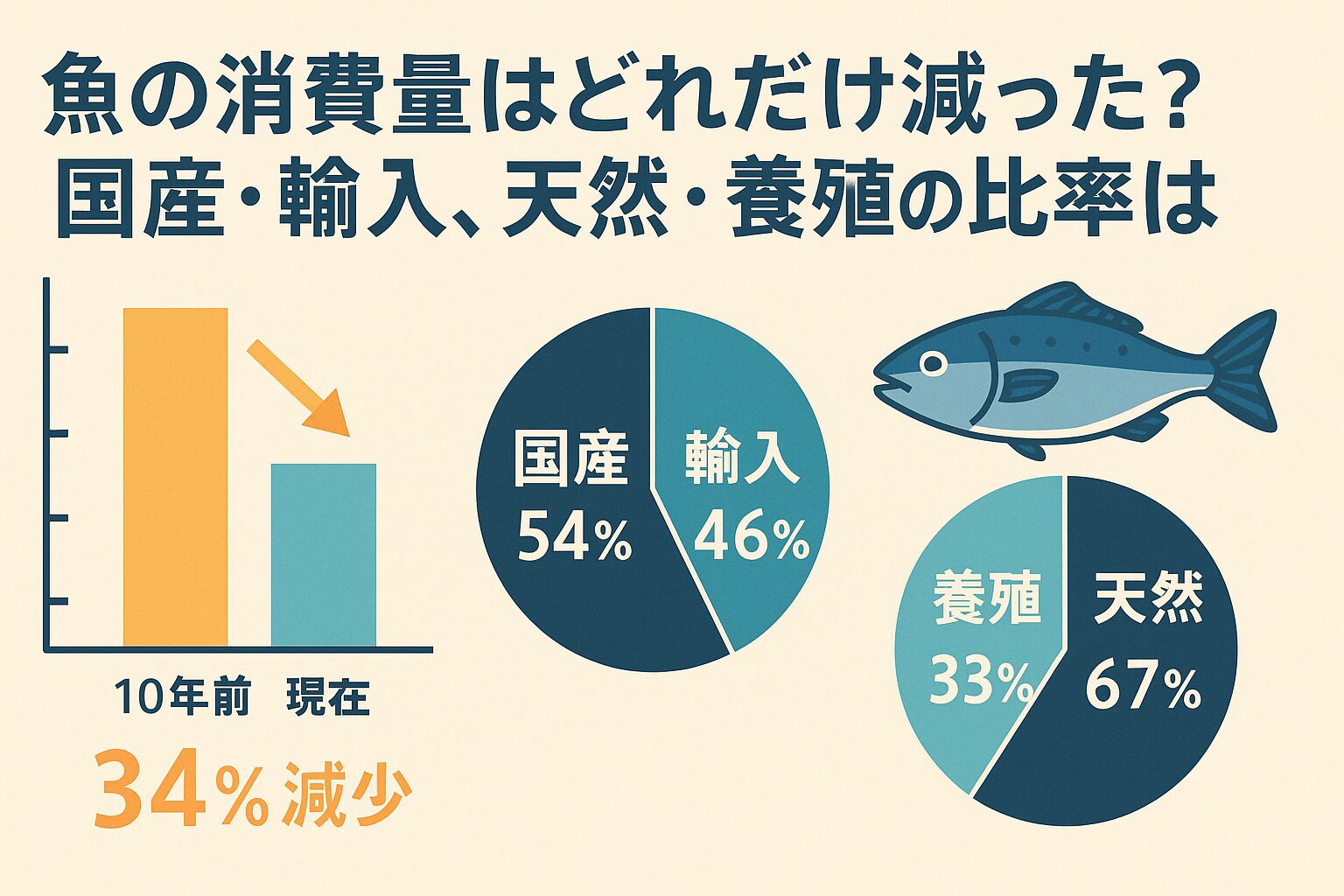 国産 vs 輸入の比率 食用魚介類の自給率（重量ベース）は、2023年度で 約54％。つまり、残りの約46％が輸入に依存している状況です。魚類全体の養殖割合について、統計は限定的ですが、以下のようなデータがあります。2012年時点では、漁業生産に対する養殖の割合は約22％。残りの約78％が天然漁獲です。釣太郎