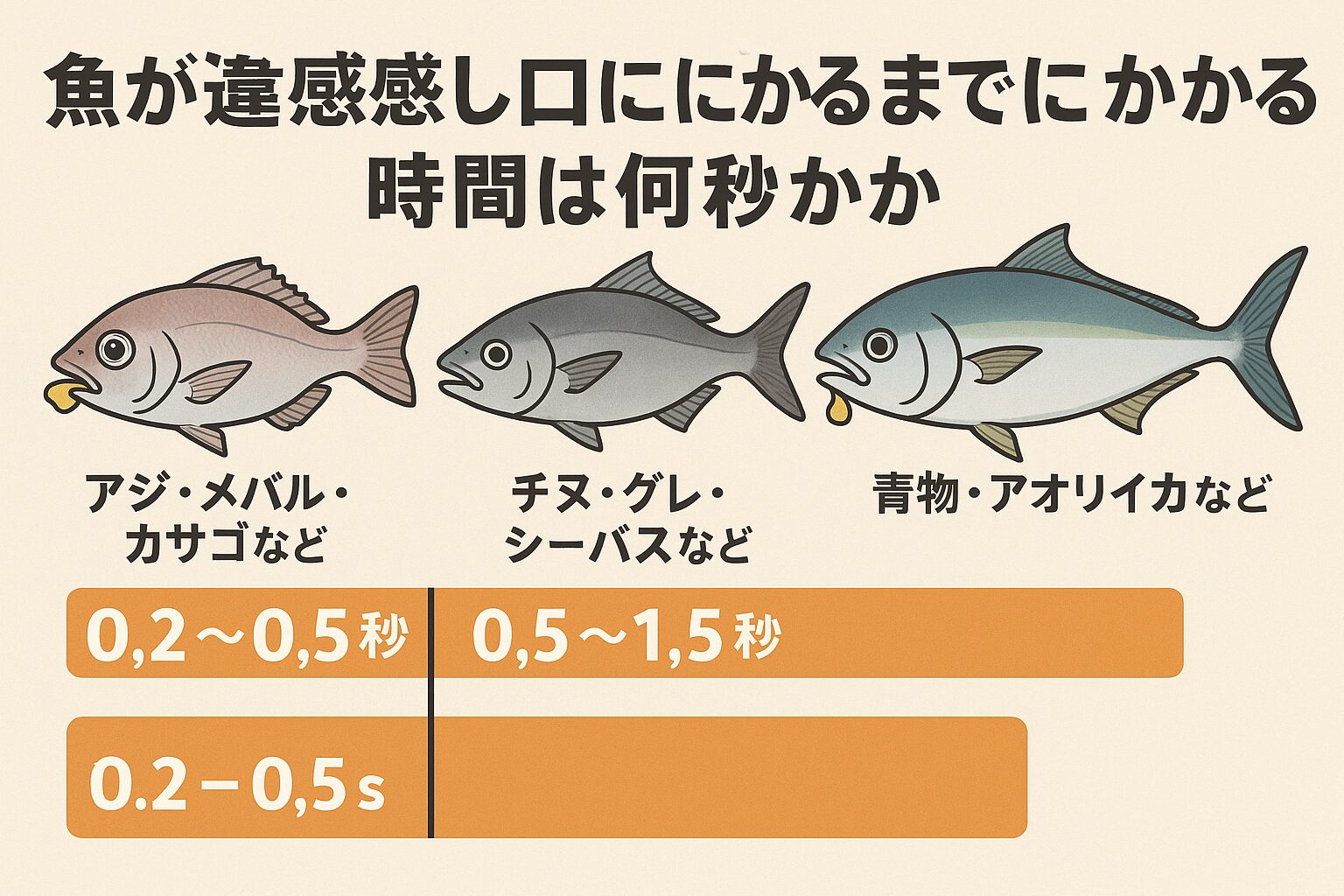 魚が口に入れたエサを吐き出すまでの時間は、ほとんどが1秒以内。 小魚なら0.2秒、大型魚でも3秒以内に吐き出すケースがほとんどです。釣太郎