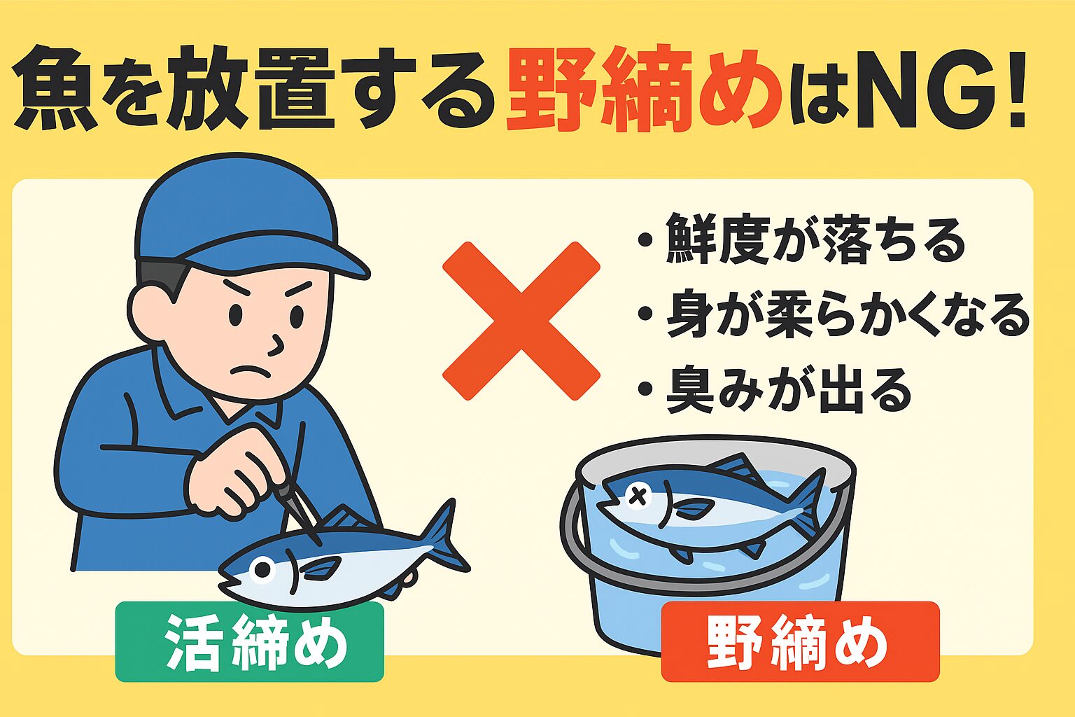 「野締め（放置死）」は魚の価値を大幅に落とす行為・理由は「ATP消費」「体温上昇による自己消化」「血が残ることでの雑味」・活締めをするだけで魚の美味しさは2倍以上変わる。釣太郎
