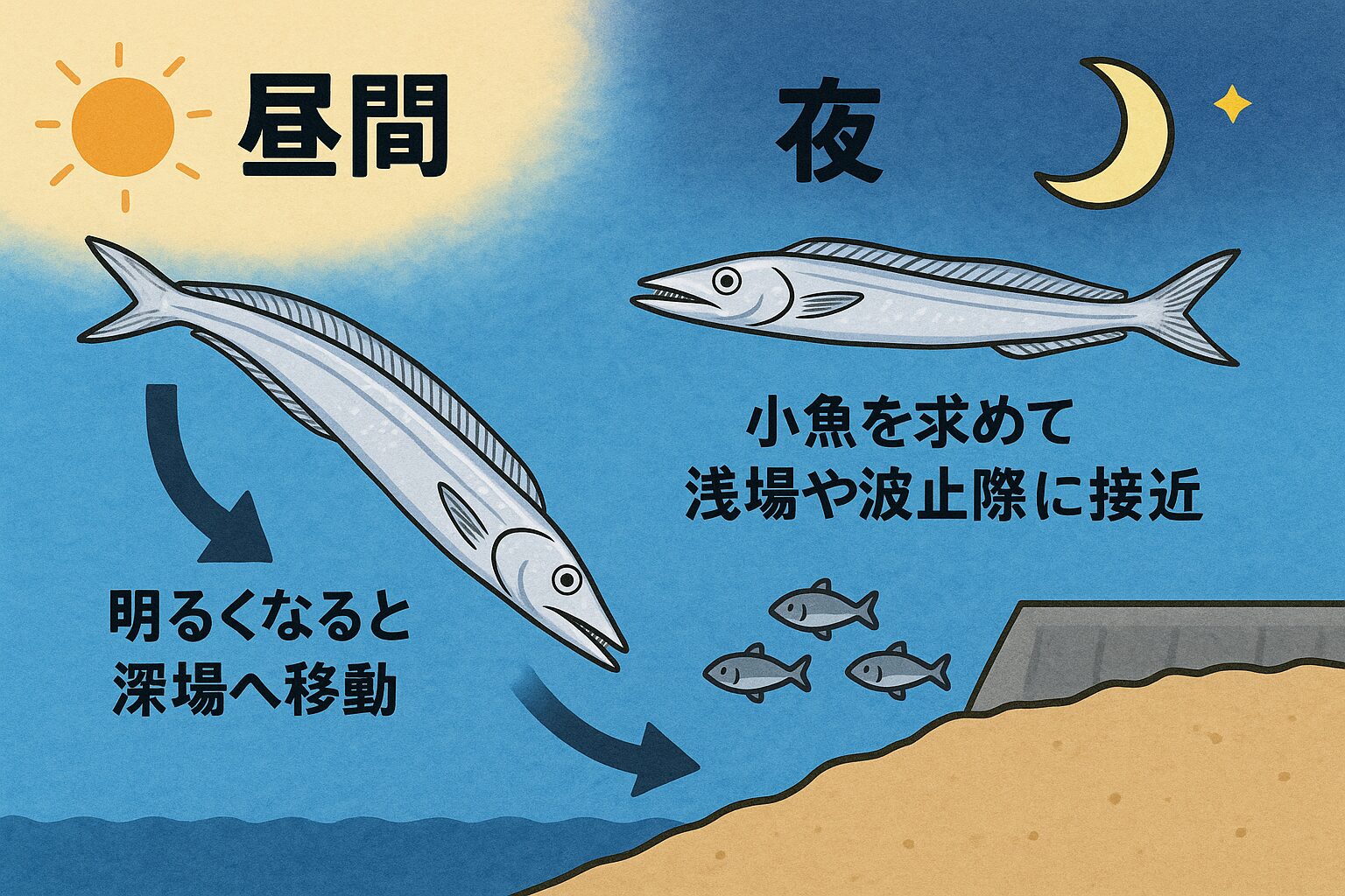 太刀魚は夜行性の魚で、夜に小魚を求めて浅場・波止際に近づく
・日中は深場(30〜100m)に潜んでおり、岸からは釣りにくい。釣太郎