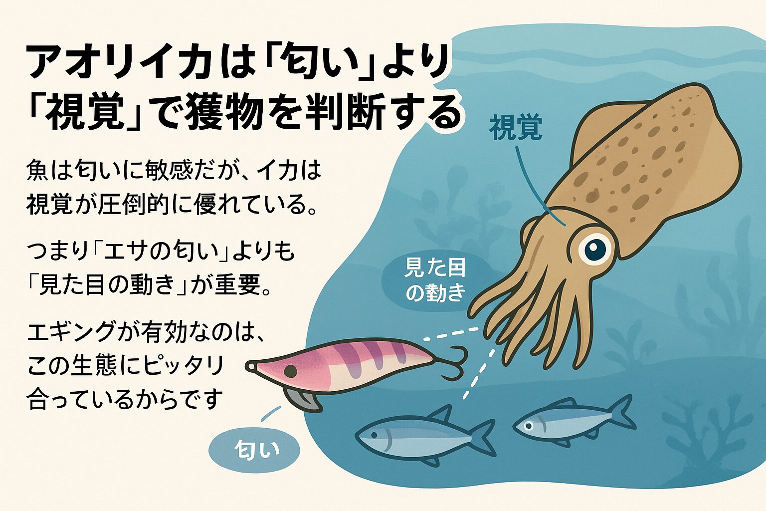 アオリイカは魚のように匂いでエサを探すのではなく、圧倒的な視覚能力で獲物を見極める捕食者です。釣太郎