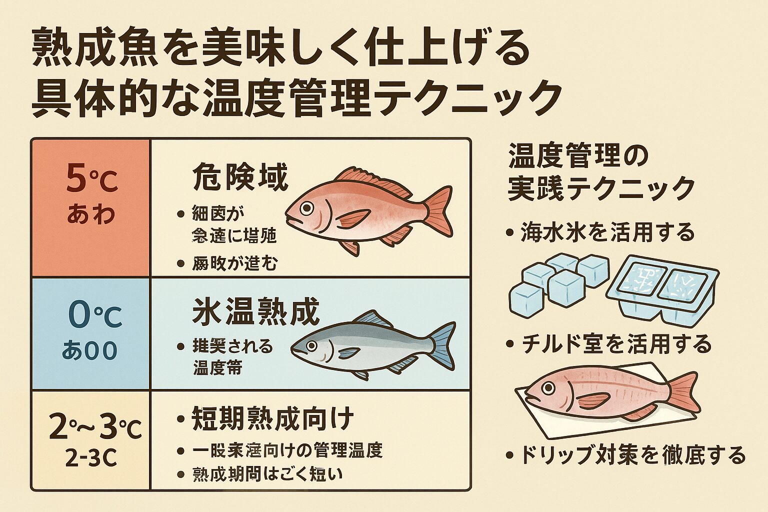 熟成魚を美味しく仕上げるカギは「0℃前後の温度管理」にあります。正しい温度管理を守れば、白身魚は旨味が濃くなり・青魚は臭みが抑えられ・イカはねっとり甘くなる。釣太郎