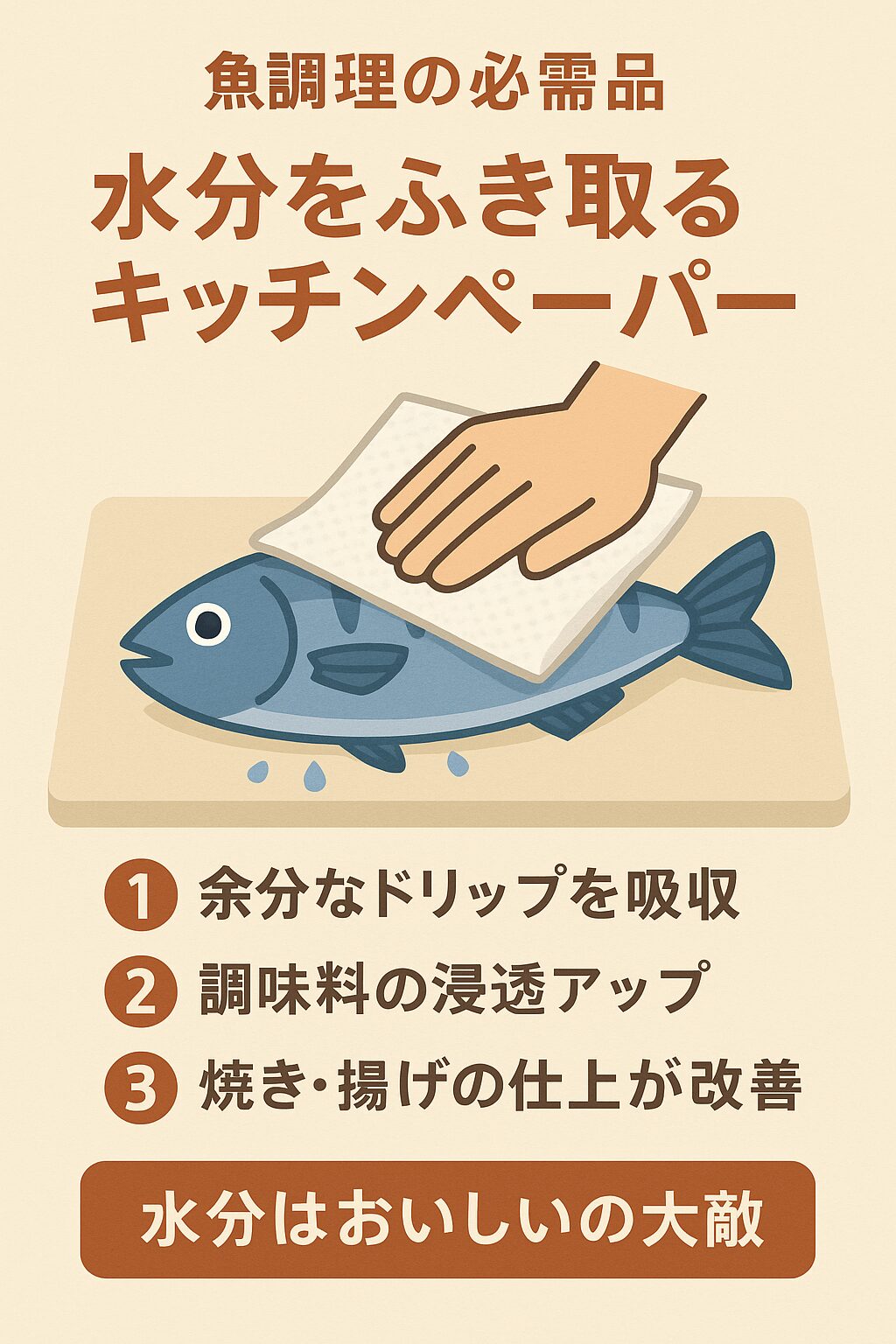 魚の水分は「臭み・味落ち・食感劣化」の原因になる。キッチンペーパーは余分なドリップを吸収し、美味しさを守る必須アイテム。釣太郎