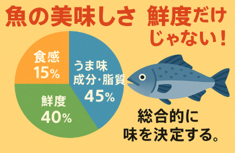 魚の美味しさは**鮮度40％、旨味成分・脂質45％、食感15％**で決まります。釣太郎
