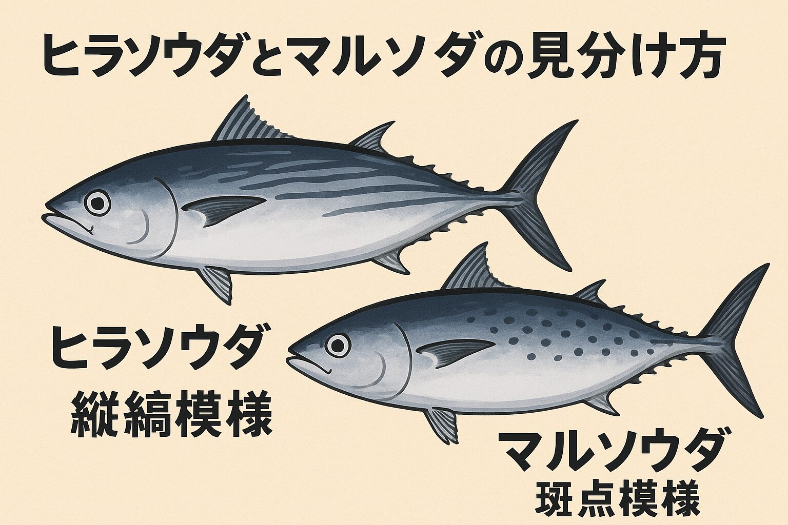 ヒラソウダ → 刺身OK。比較的安心して生食可能。マルソウダ → 鮮度が落ちやすく、ヒスタミン中毒のリスク大。刺身は非推奨。釣太郎