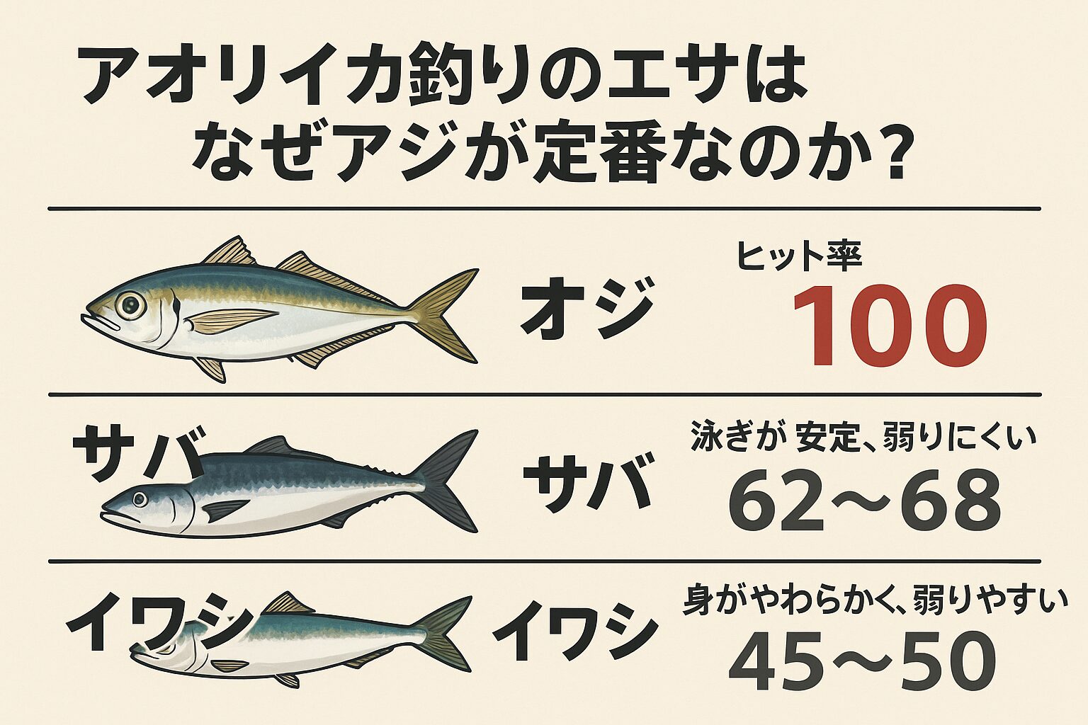 AIシミュレーションでは、アオリイカに対するエサのヒット率は以下の結果となりました。アジ＝100、サバ＝約65、イワシ＝約48この数字が示す通り、アジは総合力で他のエサを圧倒しています。釣太郎