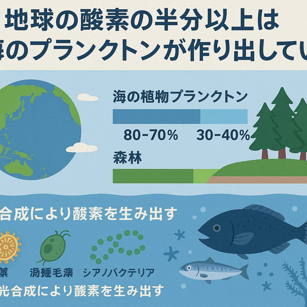 地球の酸素の半分以上は海のプランクトンが作っている。森林だけでなく海も酸素供給の重要な役割を担う。釣太郎