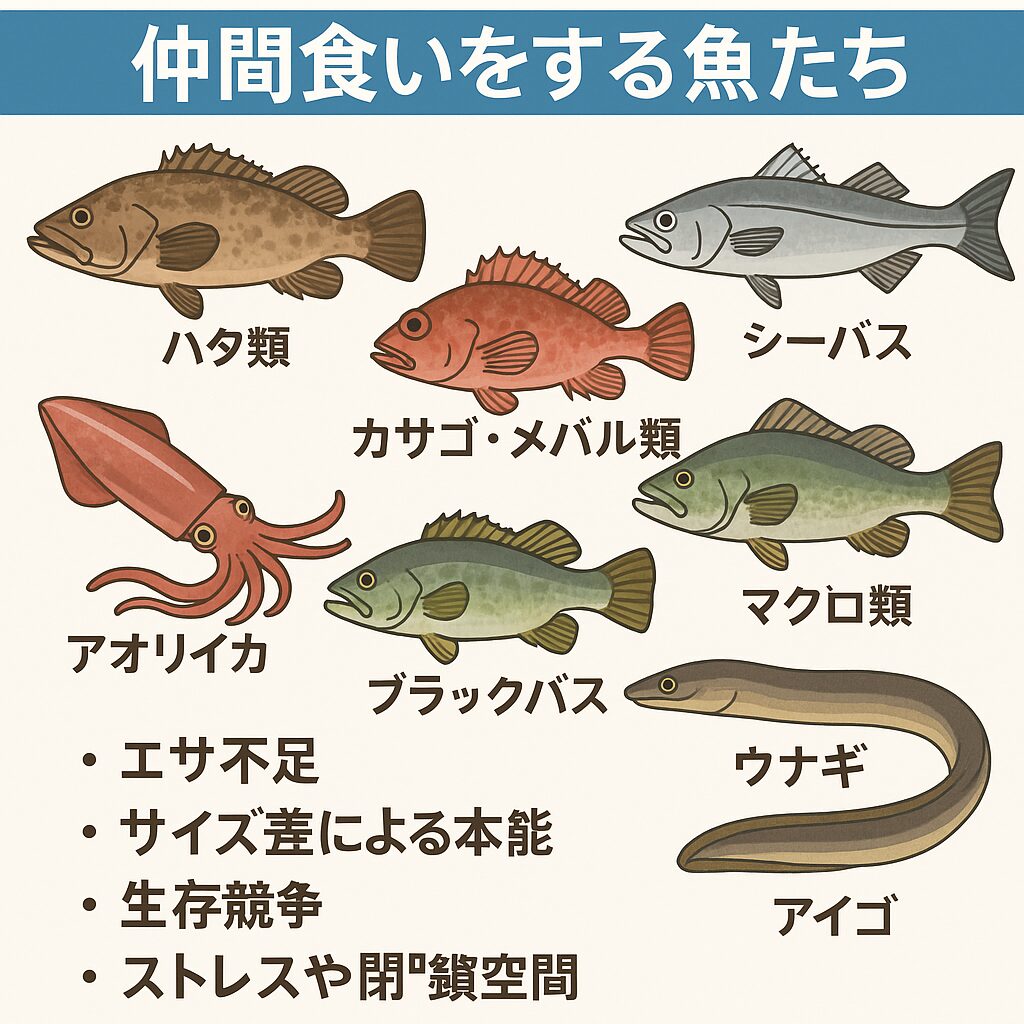 仲間食いをする魚は、ハタ類・カサゴ類・スズキ・マグロ・アオリイカ・バス・ウナギなど多岐にわたる。 ✔ 魚に「仲間意識」はほとんどなく、口に入るサイズなら餌と認識する。釣太郎